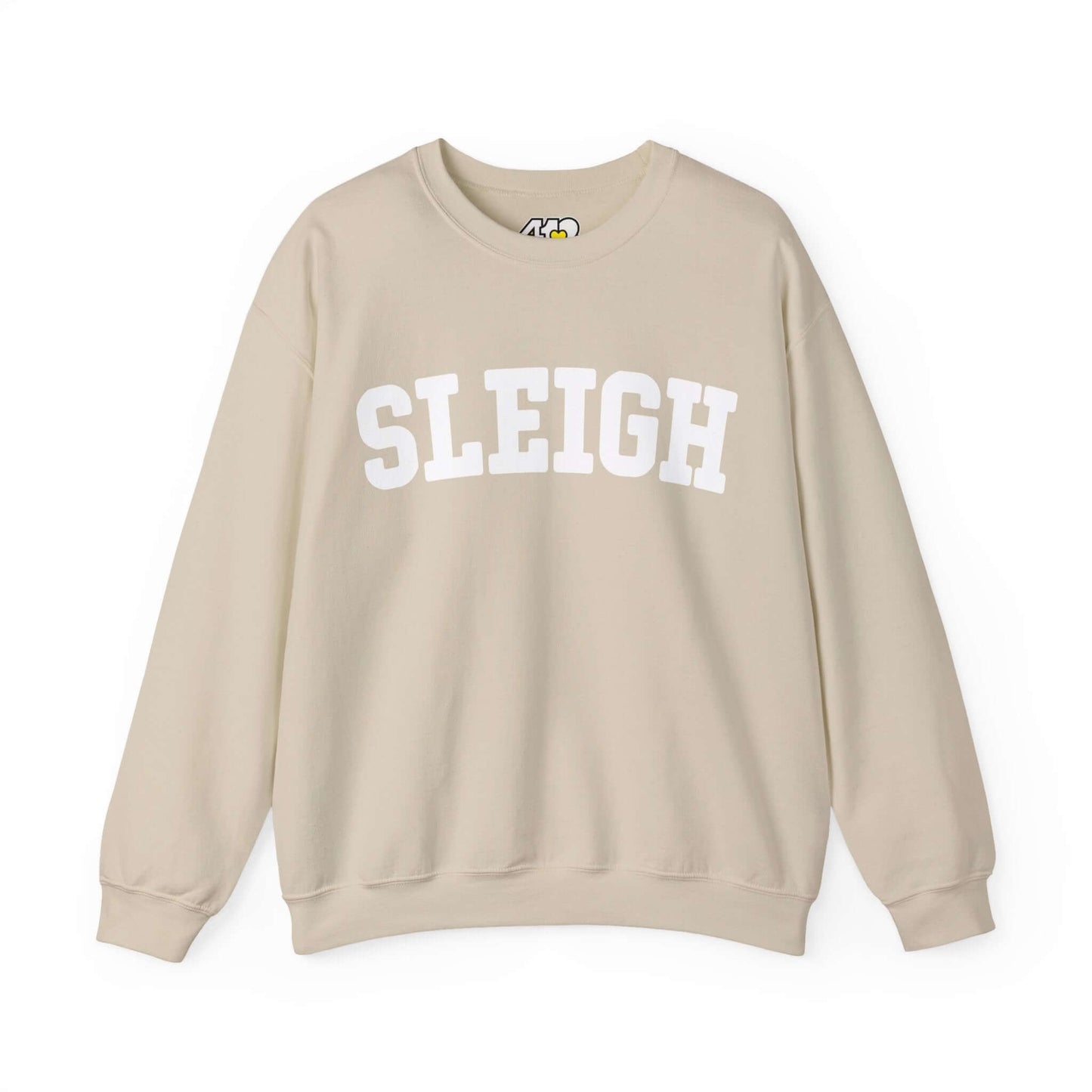 SLEIGH Sweatshirt | White Logo. Apparel Color: Sand. A blend of 50% cotton and 50% polyester for cozy durability. With an Elastic ribbed collar, and Double-needle stitching.