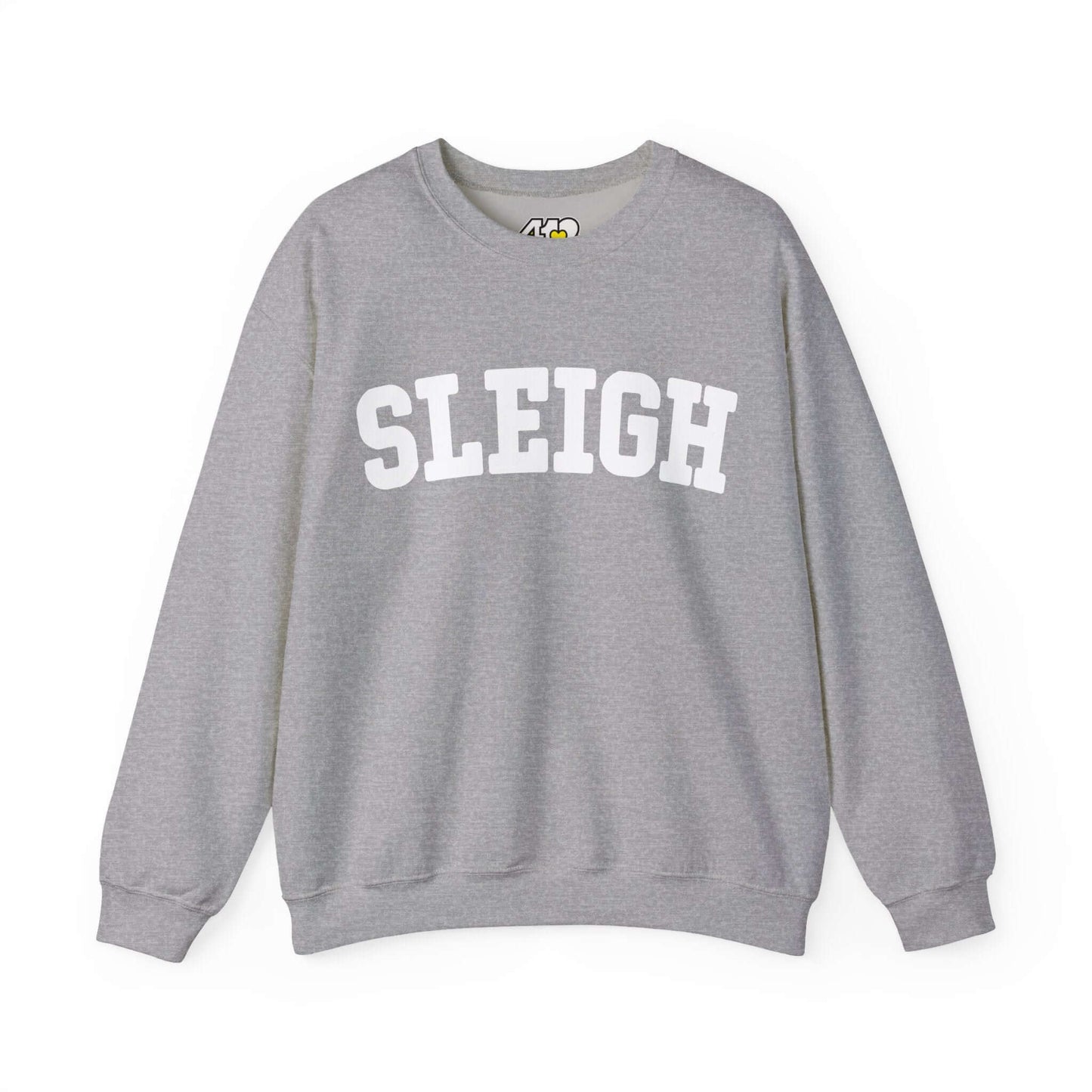 SLEIGH Sweatshirt | White Logo. Apparel Color: Sport Grey. A blend of 50% cotton and 50% polyester for cozy durability. With an Elastic ribbed collar, and Double-needle stitching.