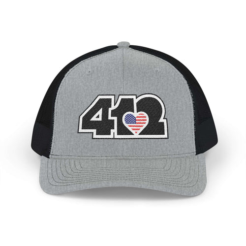 Snapback Hat | Embroidered Black Stars & Stripes 412 Logo. Apparel Color: Heather Grey/Black. A comfy mid-profile adjustable fit for everyday flair