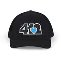 Snapback Hat | Embroidered Black and Blue 412 Logo. Apparel Color: Black. A comfy mid-profile adjustable fit for everyday flair