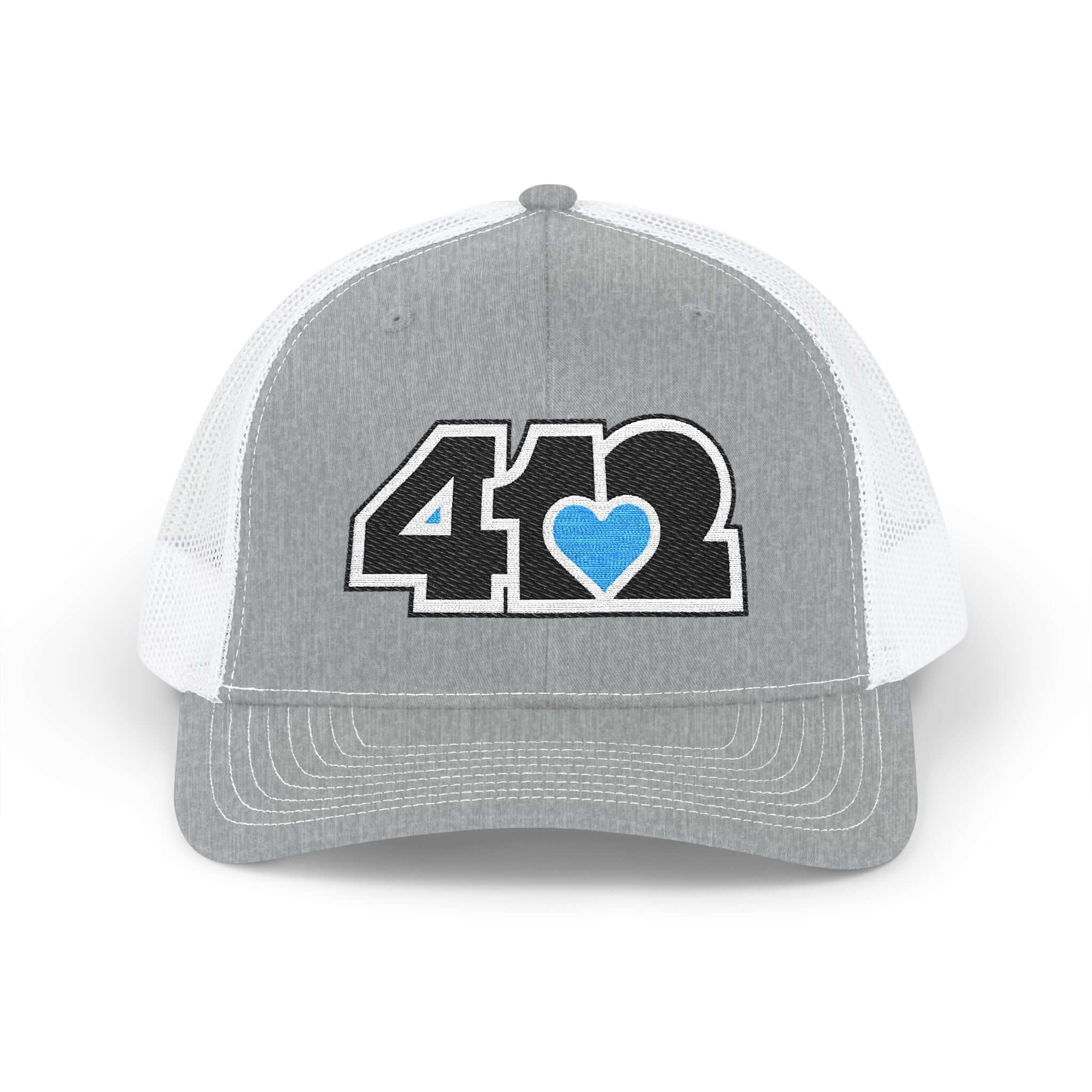 Snapback Hat | Embroidered Black and Blue 412 Logo. Apparel Color: Heather Grey/White. A comfy mid-profile adjustable fit for everyday flair