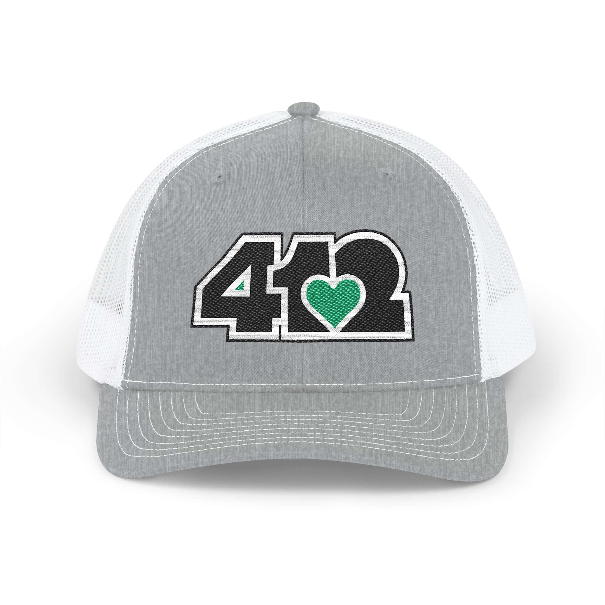 Snapback Hat | Embroidered Black and Green 412 Logo. Apparel Color: Heather Grey/White. A comfy mid-profile adjustable fit for everyday flair