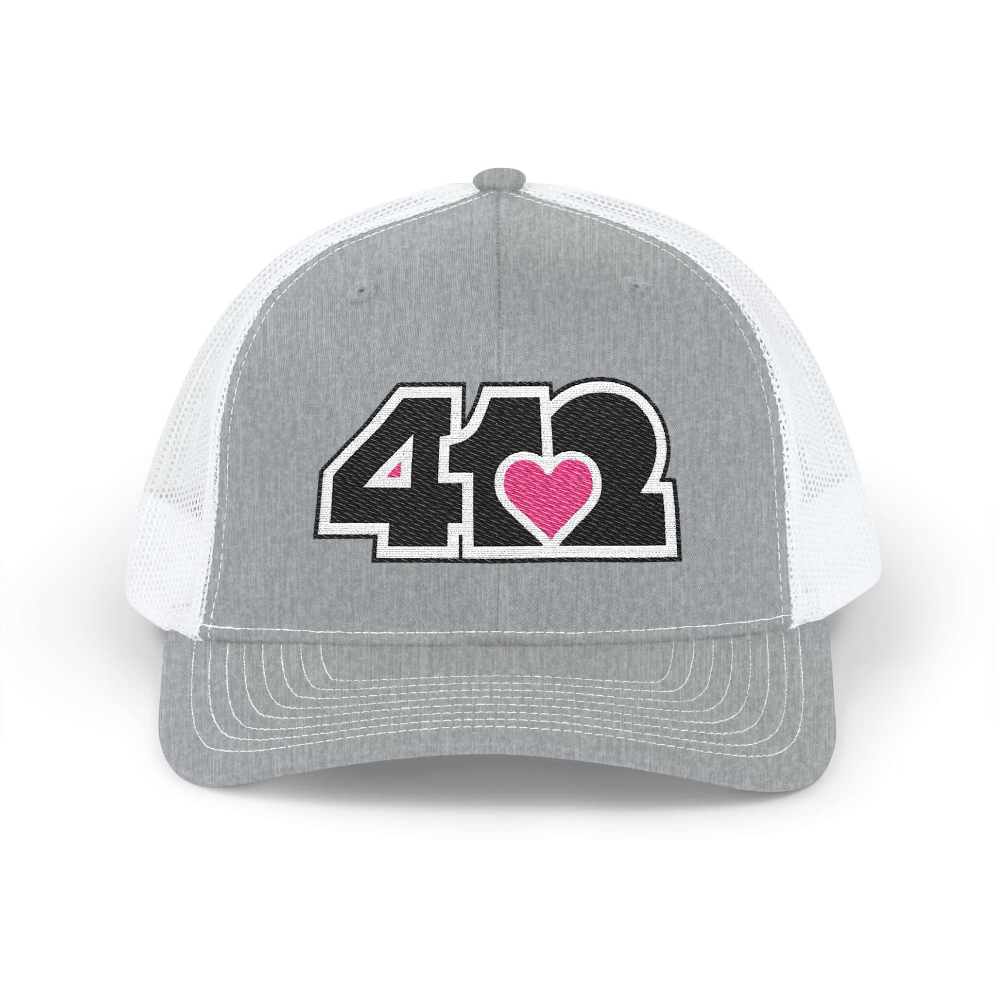 Snapback Hat | Embroidered Black and Pink 412 Logo. Apparel Color: Heather Grey/White. A comfy mid-profile adjustable fit for everyday flair