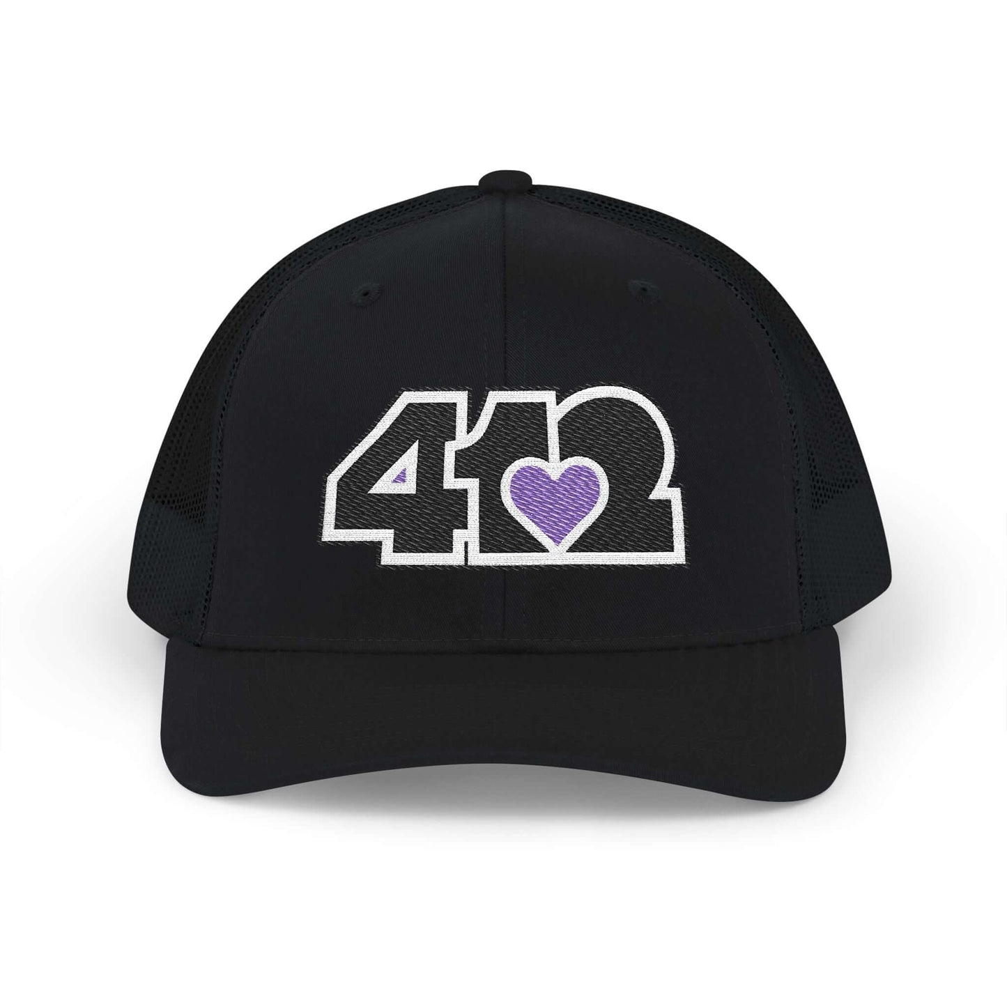 Snapback Hat | Embroidered Black and Purple 412 Logo. Apparel Color: Black. A comfy mid-profile adjustable fit for everyday flair