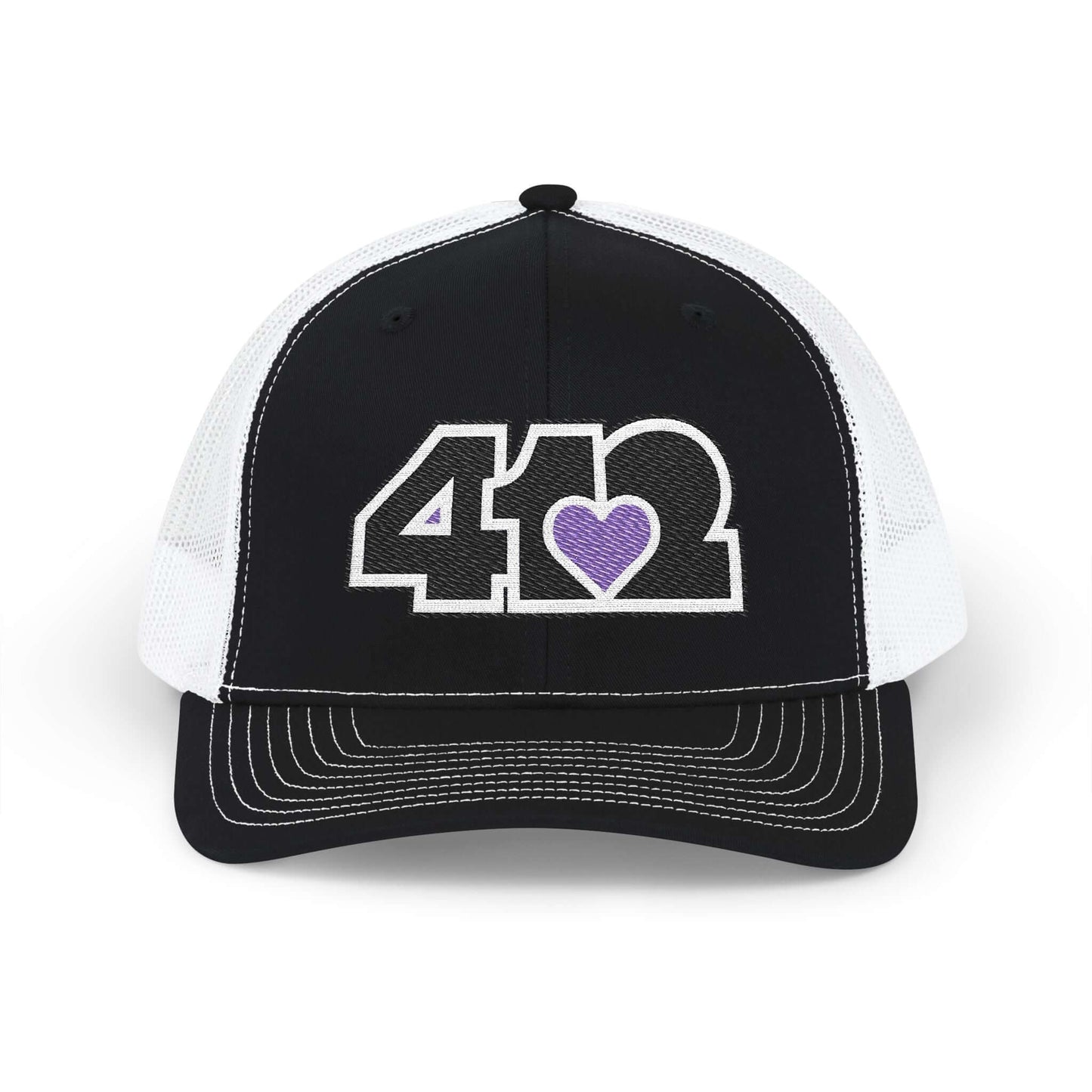 Snapback Hat | Embroidered Black and Purple 412 Logo. Apparel Color: Black/White. A comfy mid-profile adjustable fit for everyday flair