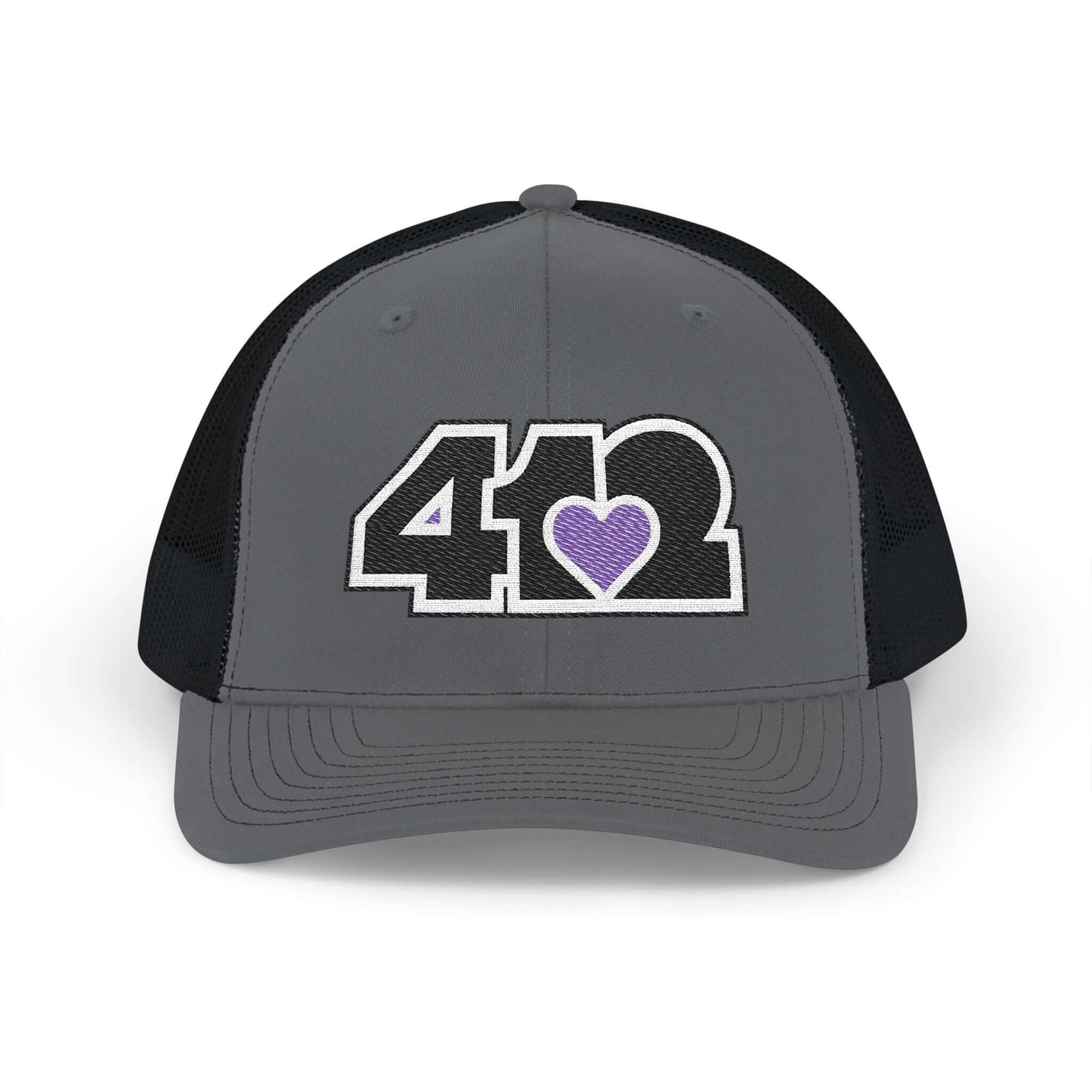 Snapback Hat | Embroidered Black and Purple 412 Logo. Apparel Color: Charcoal/Black. A comfy mid-profile adjustable fit for everyday flair