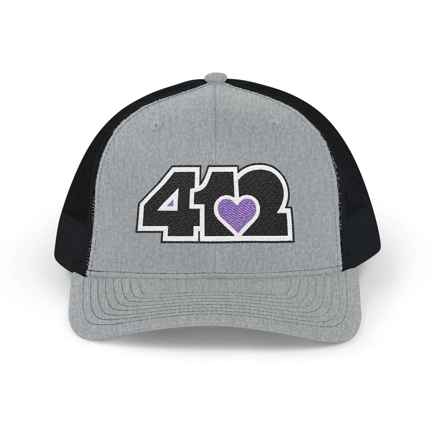 Snapback Hat | Embroidered Black and Purple 412 Logo. Apparel Color: Heather Grey/Black. A comfy mid-profile adjustable fit for everyday flair