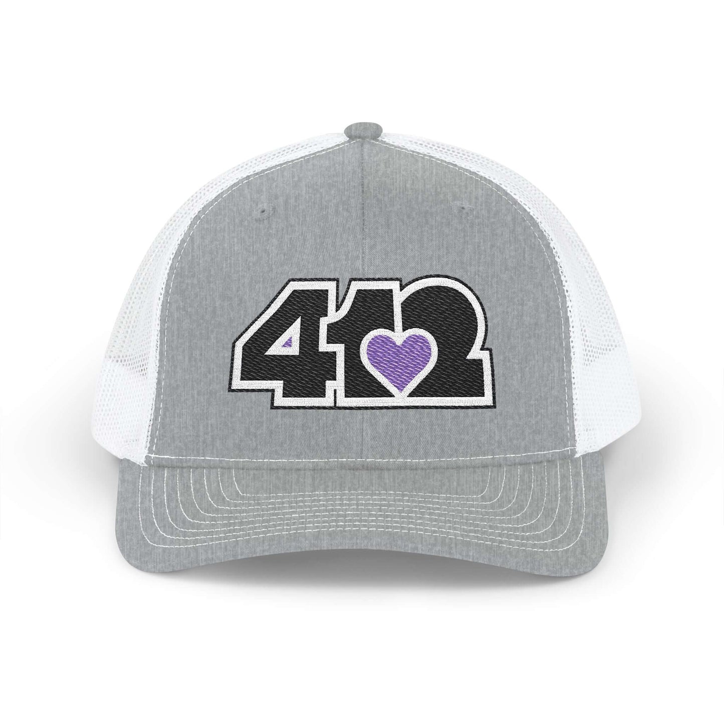 Snapback Hat | Embroidered Black and Purple 412 Logo. Apparel Color: Heather Grey/White. A comfy mid-profile adjustable fit for everyday flair