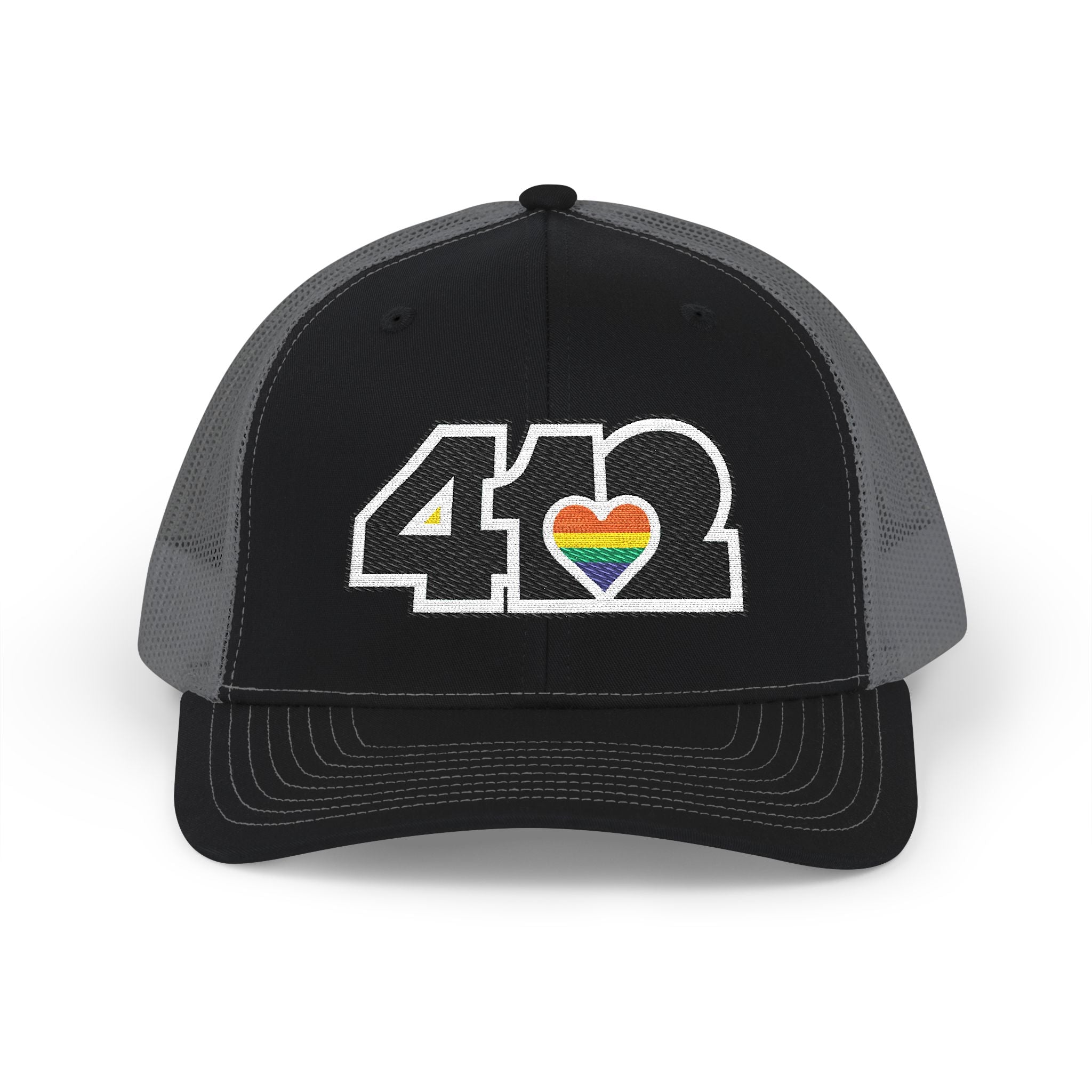 Snapback Hat | Embroidered Black and Rainbow 412 Logo. Apparel Color: Black/Charcoal. A comfy mid-profile adjustable fit for everyday flair