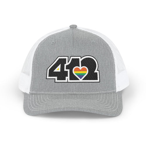 Snapback Hat | Embroidered Black and Rainbow 412 Logo. Apparel Color: Heather Grey/White. A comfy mid-profile adjustable fit for everyday flair