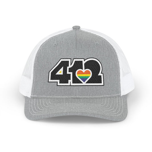 Snapback Hat | Embroidered Black and Rainbow 412 Logo. Apparel Color: Heather Grey/White. A comfy mid-profile adjustable fit for everyday flair