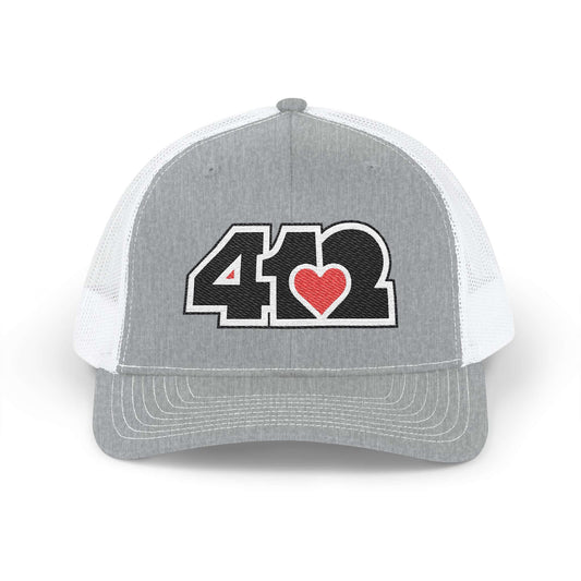 Snapback Hat | Embroidered Black and Red 412 Logo. Apparel Color: Heather Grey/White. A comfy mid-profile adjustable fit for everyday flair