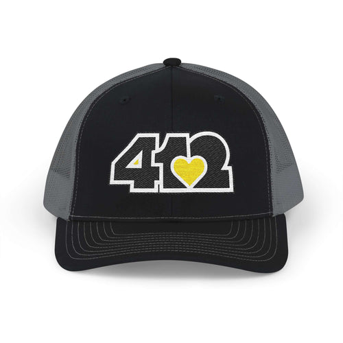Snapback Hat | Embroidered Black and Yellow 412 Logo. Apparel Color: Black/Charcoal. A comfy mid-profile adjustable fit for everyday flair