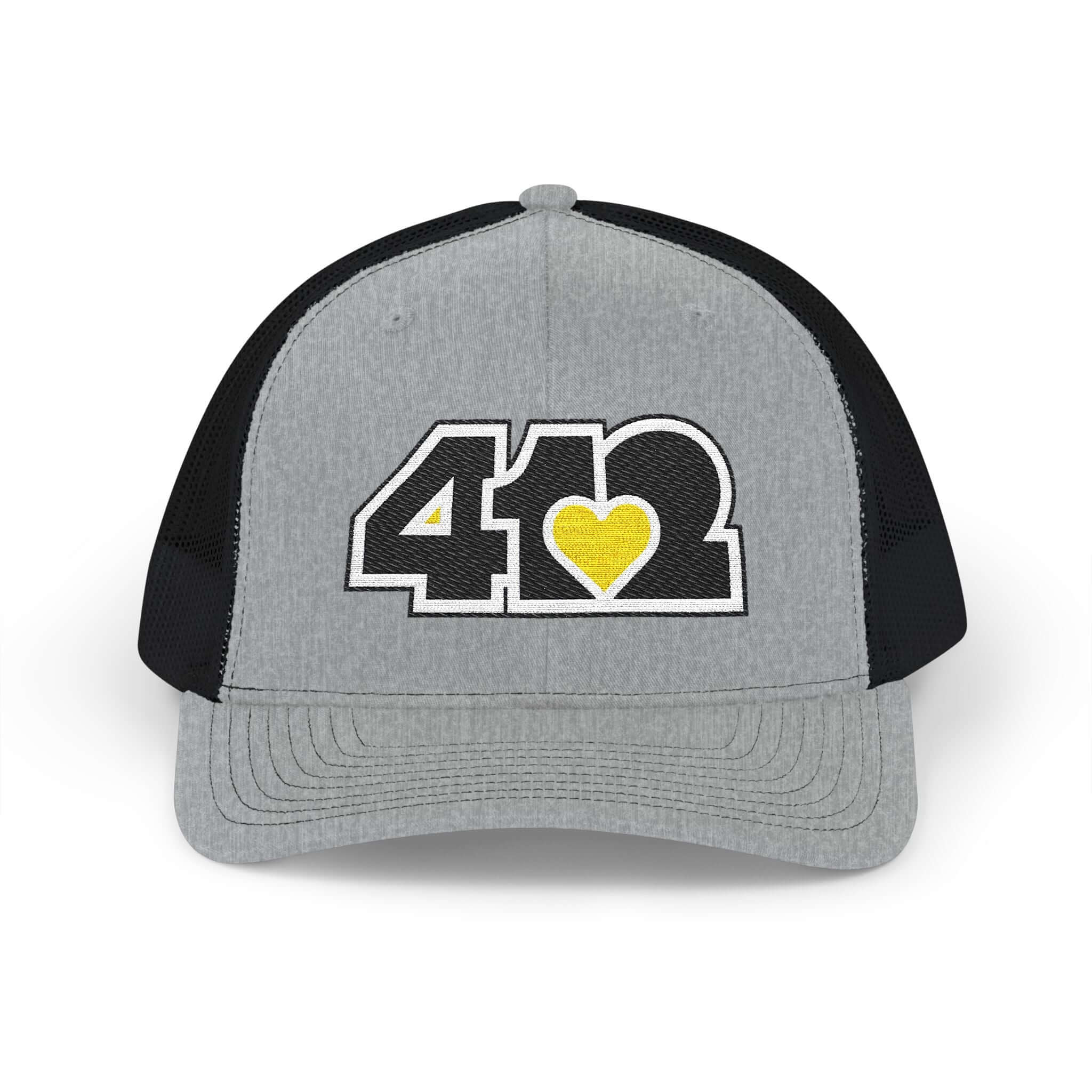 Snapback Hat | Embroidered Black and Yellow 412 Logo. Apparel Color: Heather Grey/Black. A comfy mid-profile adjustable fit for everyday flair