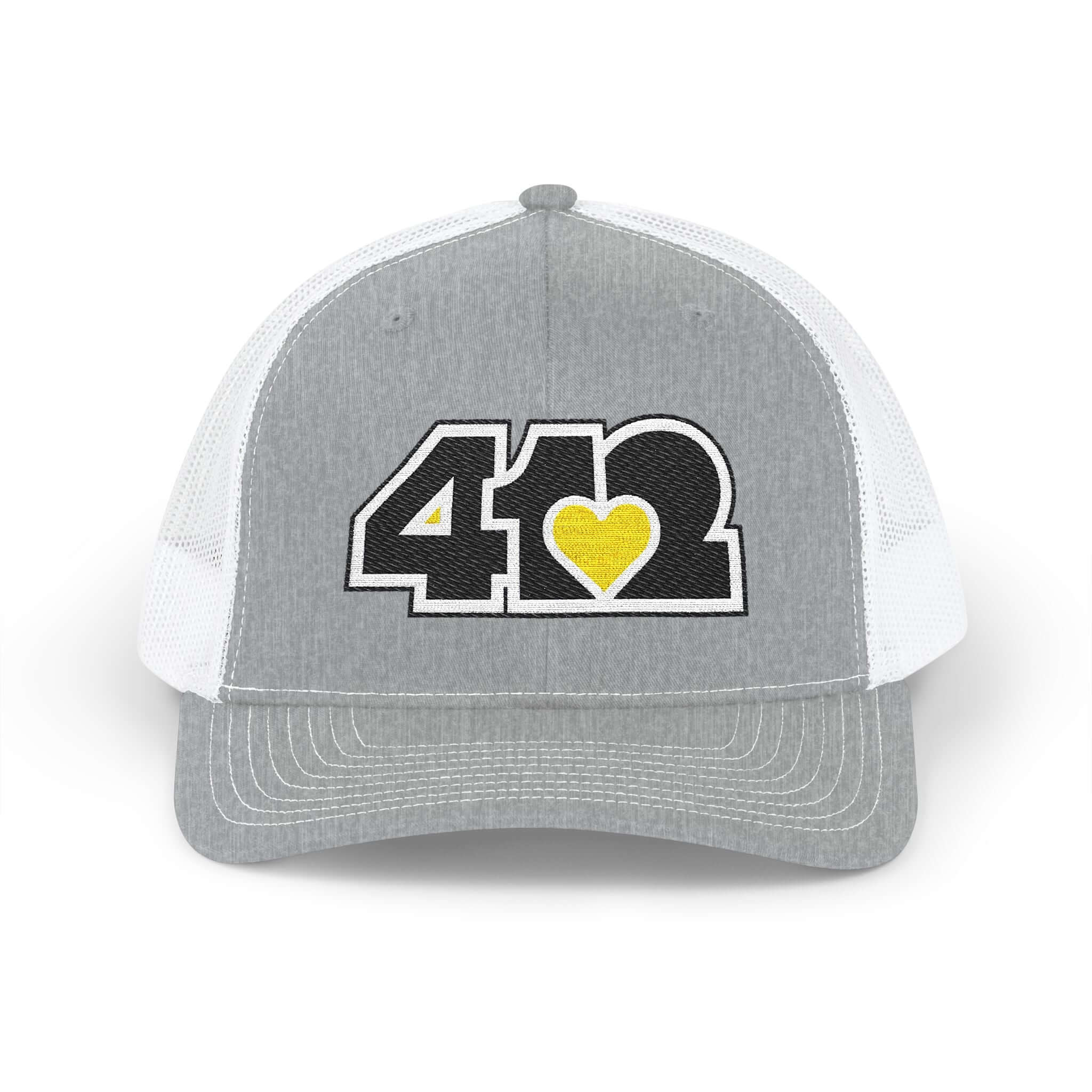 Snapback Hat | Embroidered Black and Yellow 412 Logo. Apparel Color: Heather Grey/White. A comfy mid-profile adjustable fit for everyday flair