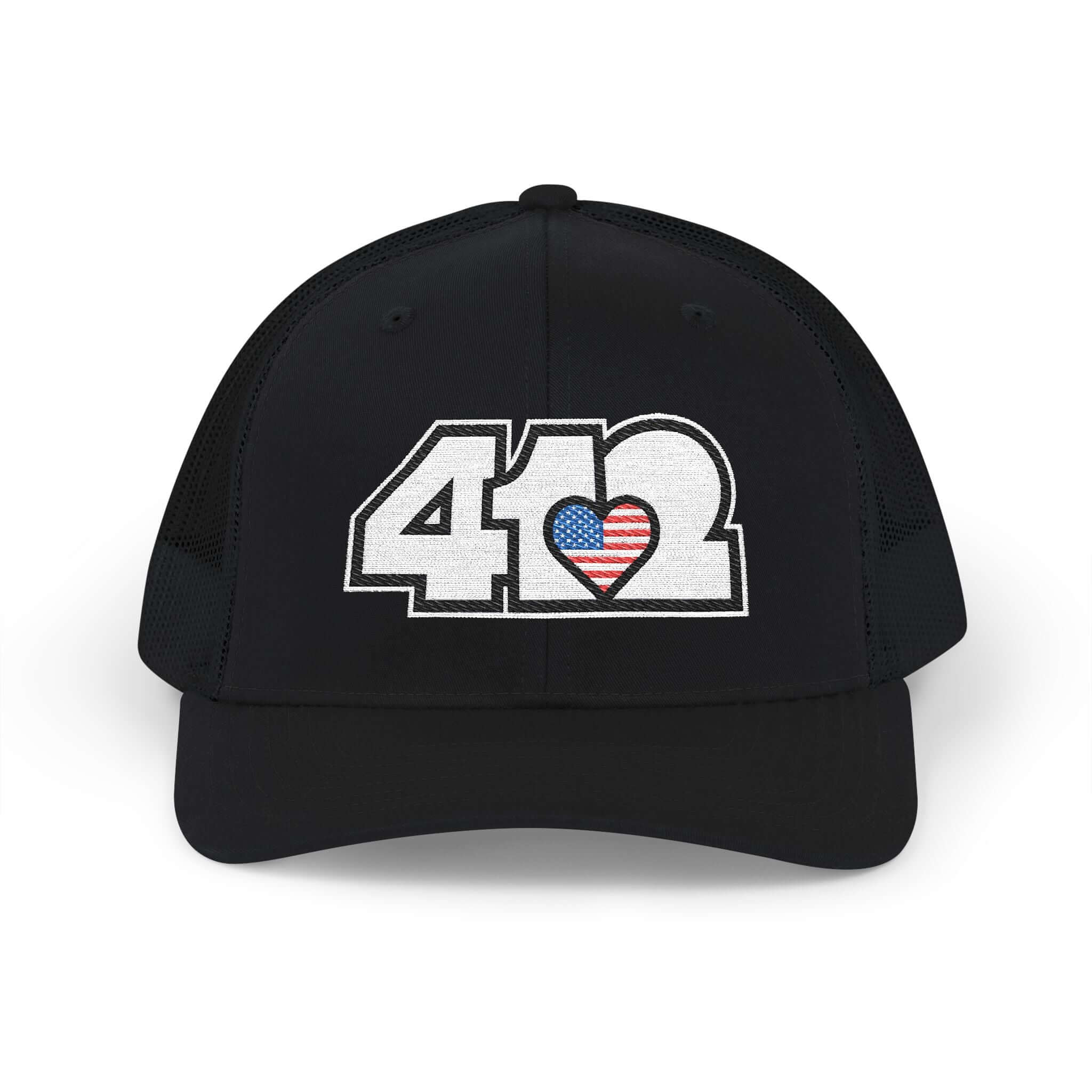 Snapback Hat | Embroidered White Stars & Stripes 412 Logo. Apparel Color: Black. A comfy mid-profile adjustable fit for everyday flair