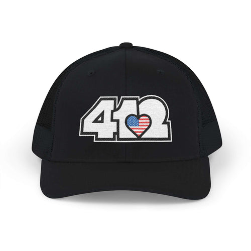 Snapback Hat | Embroidered White Stars & Stripes 412 Logo. Apparel Color: Black. A comfy mid-profile adjustable fit for everyday flair