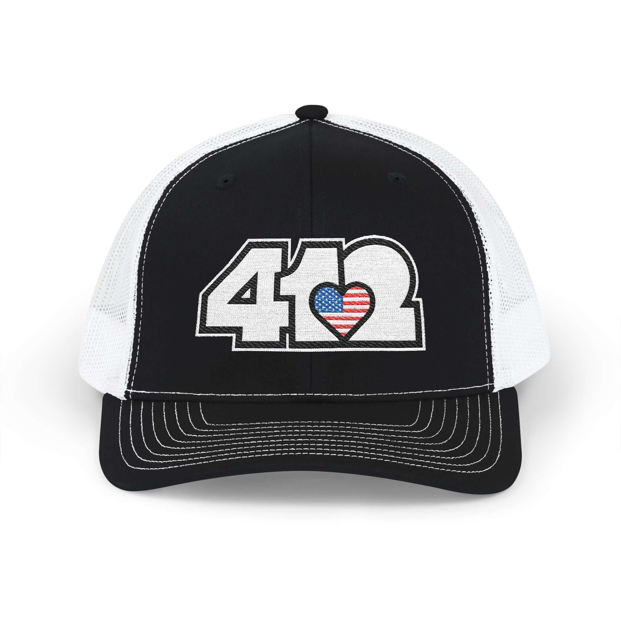 Snapback Hat | Embroidered White Stars & Stripes 412 Logo. Apparel Color: Black/White. A comfy mid-profile adjustable fit for everyday flair