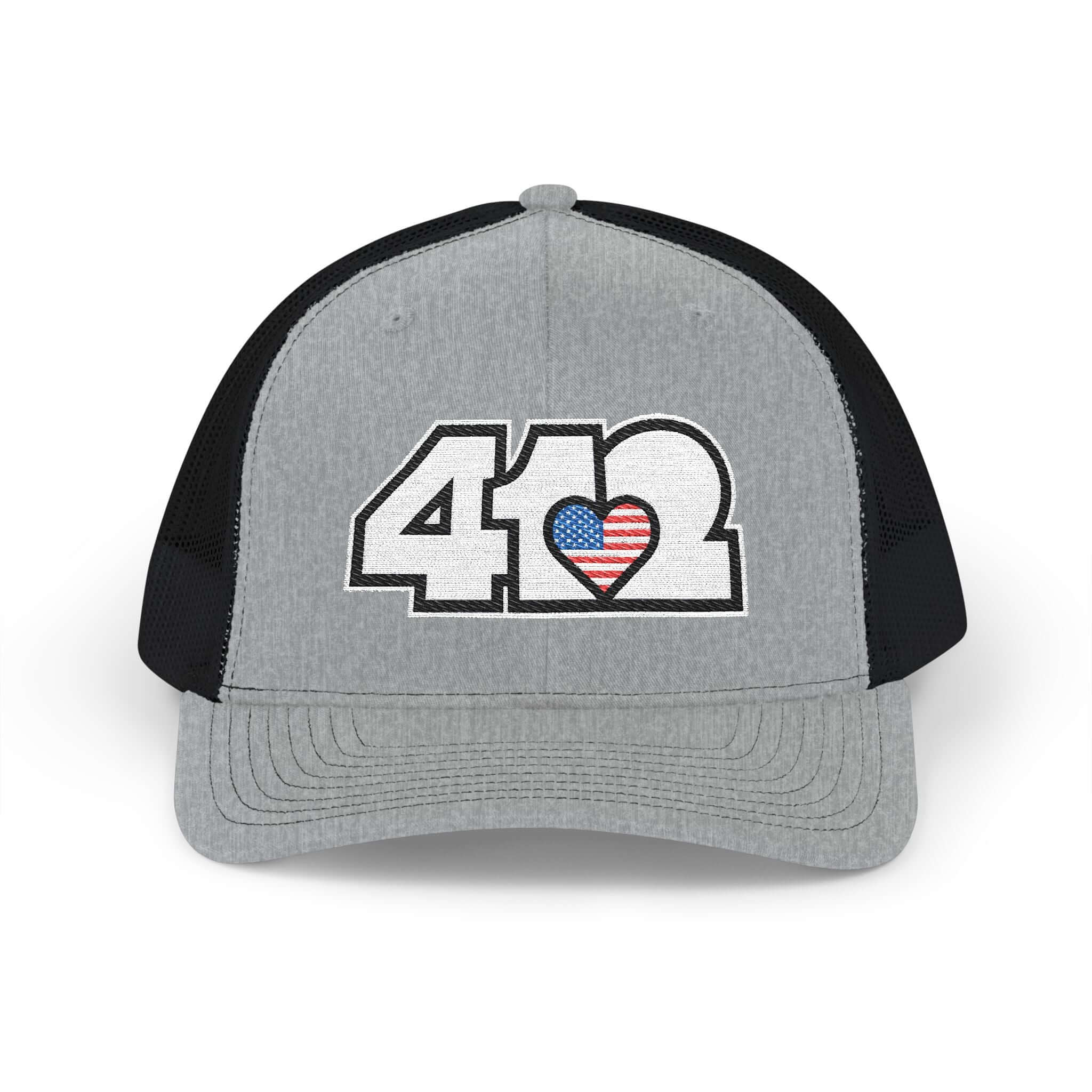Snapback Hat | Embroidered White Stars & Stripes 412 Logo. Apparel Color: Heather Grey/Black. A comfy mid-profile adjustable fit for everyday flair