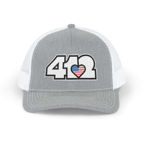 Snapback Hat | Embroidered White Stars & Stripes 412 Logo. Apparel Color: Heather Grey/White. A comfy mid-profile adjustable fit for everyday flair