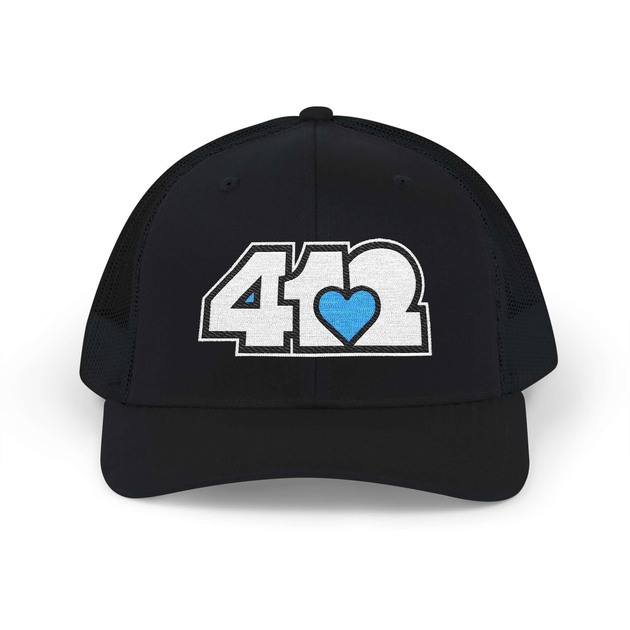 Snapback Hat | Embroidered White and Blue 412 Logo. Apparel Color: Black. A comfy mid-profile adjustable fit for everyday flair