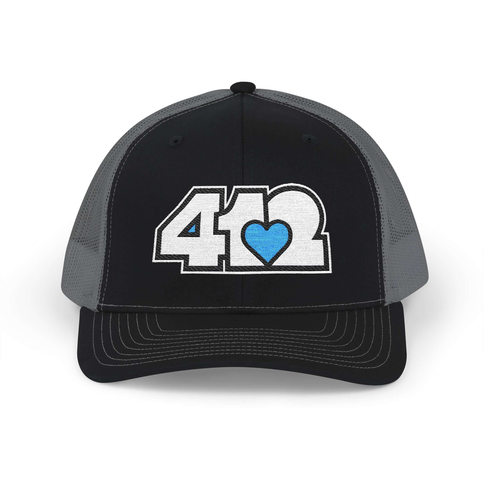 Snapback Hat | Embroidered White and Blue 412 Logo. Apparel Color: Black/Charcoal. A comfy mid-profile adjustable fit for everyday flair