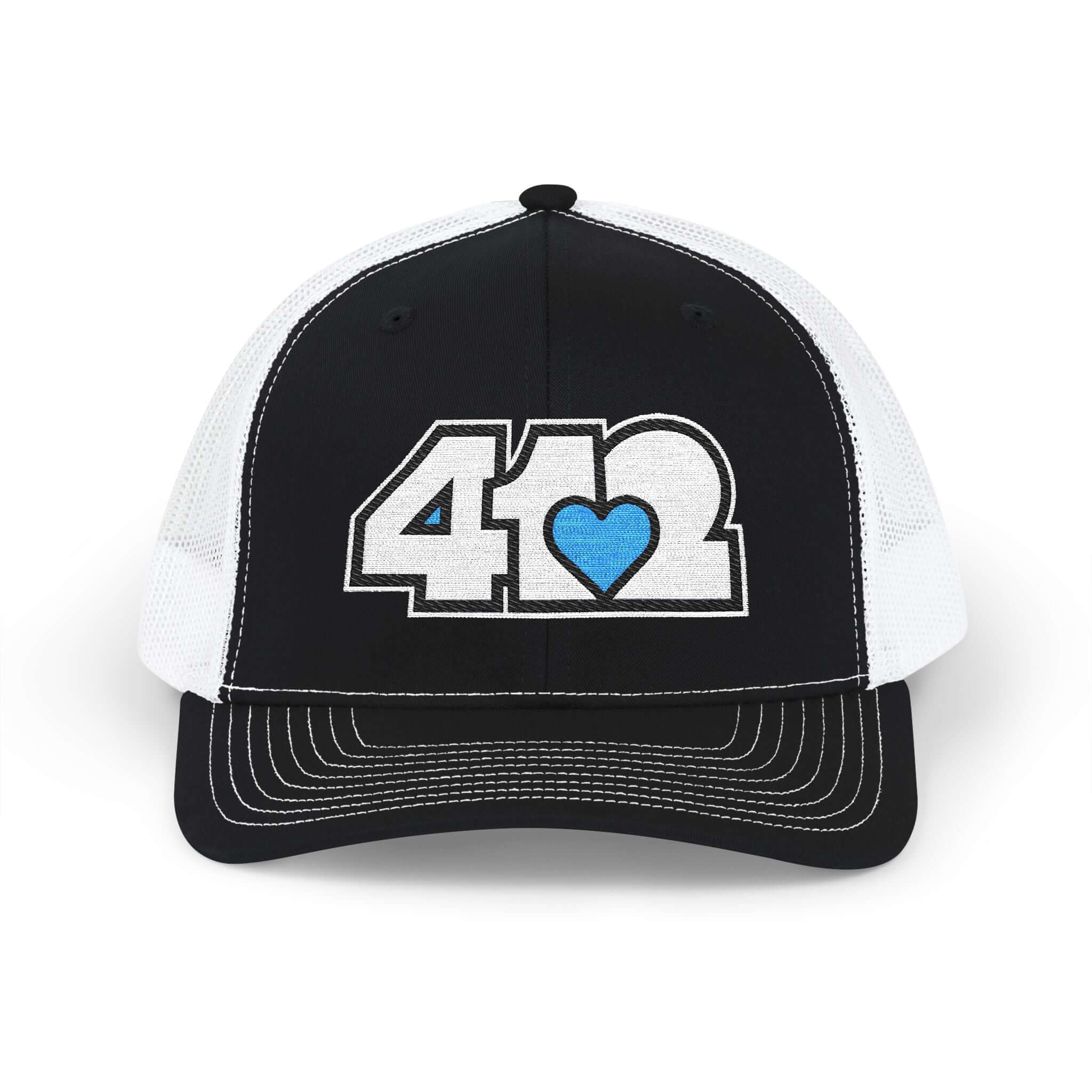 Snapback Hat | Embroidered White and Blue 412 Logo. Apparel Color: Black/White. A comfy mid-profile adjustable fit for everyday flair