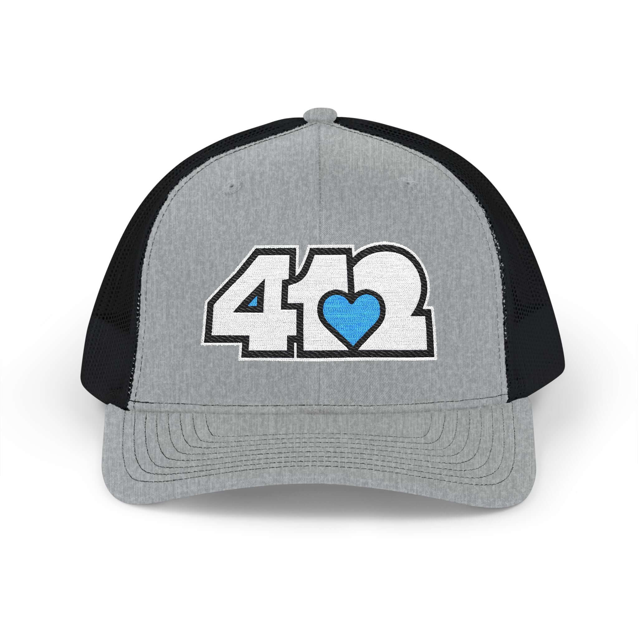 Snapback Hat | Embroidered White and Blue 412 Logo. Apparel Color: Heather Grey/Black. A comfy mid-profile adjustable fit for everyday flair