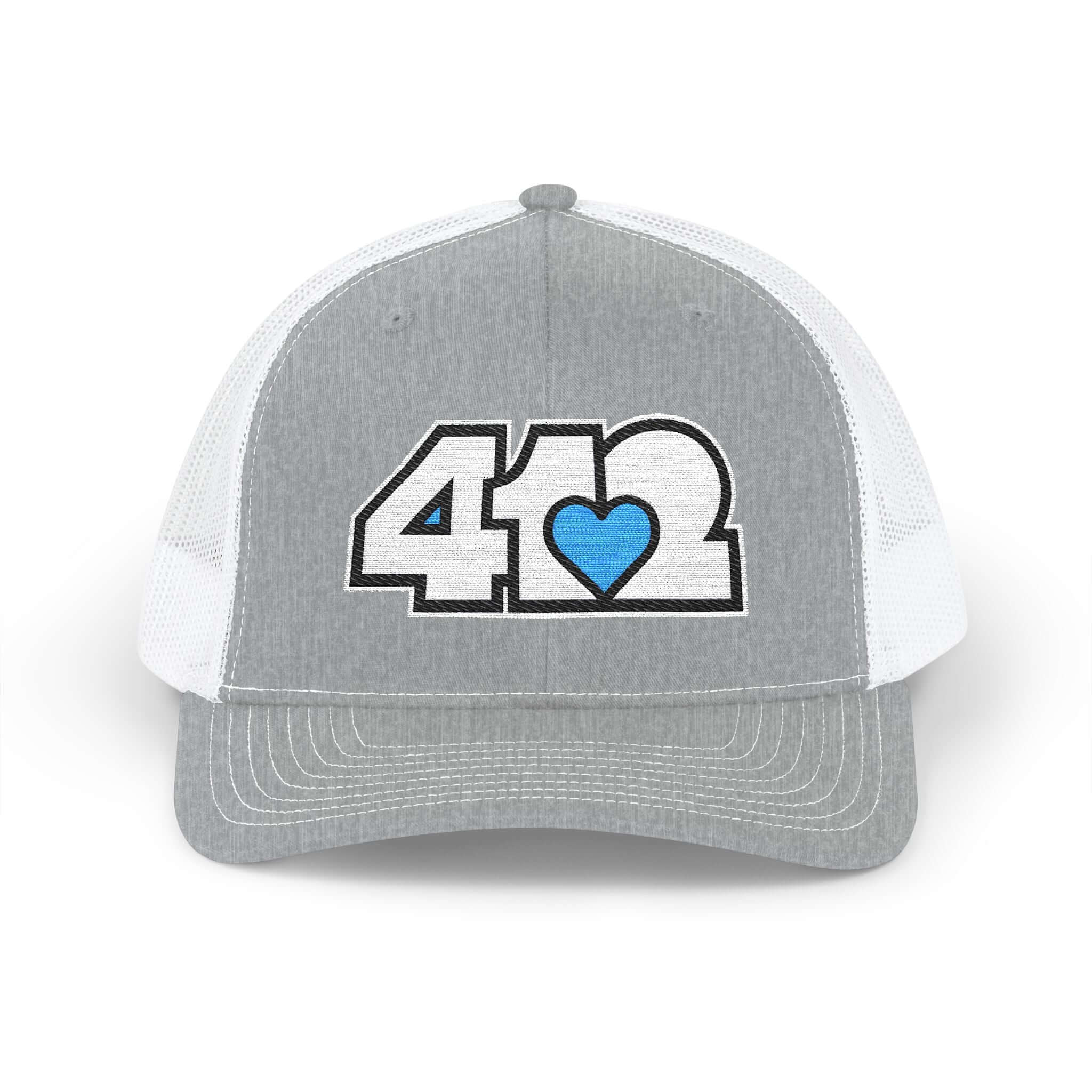 Snapback Hat | Embroidered White and Blue 412 Logo. Apparel Color: Heather Grey/White. A comfy mid-profile adjustable fit for everyday flair