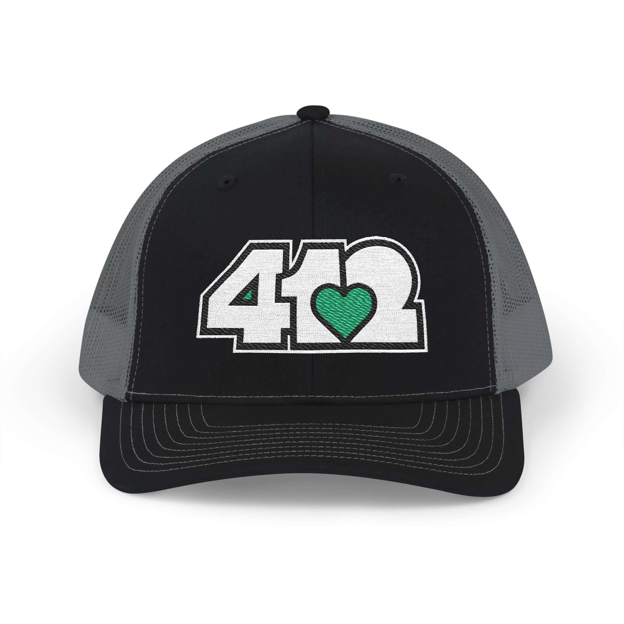 Snapback Hat | Embroidered White and Green 412 Logo. Apparel Color: Black/Charcoal. A comfy mid-profile adjustable fit for everyday flair