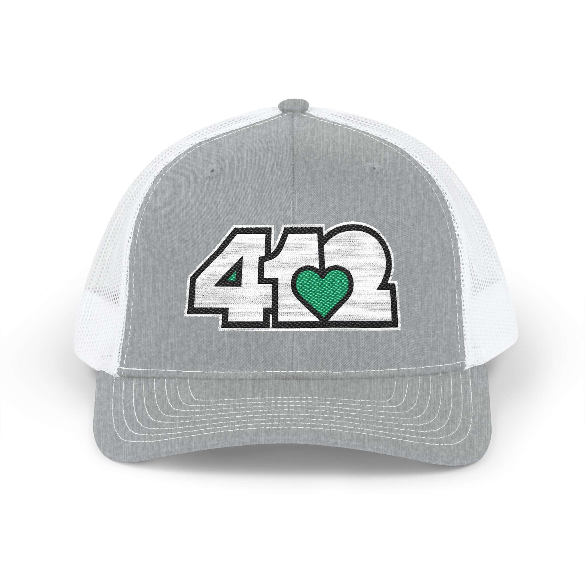 Snapback Hat | Embroidered White and Green 412 Logo. Apparel Color: Heather Grey/White. A comfy mid-profile adjustable fit for everyday flair