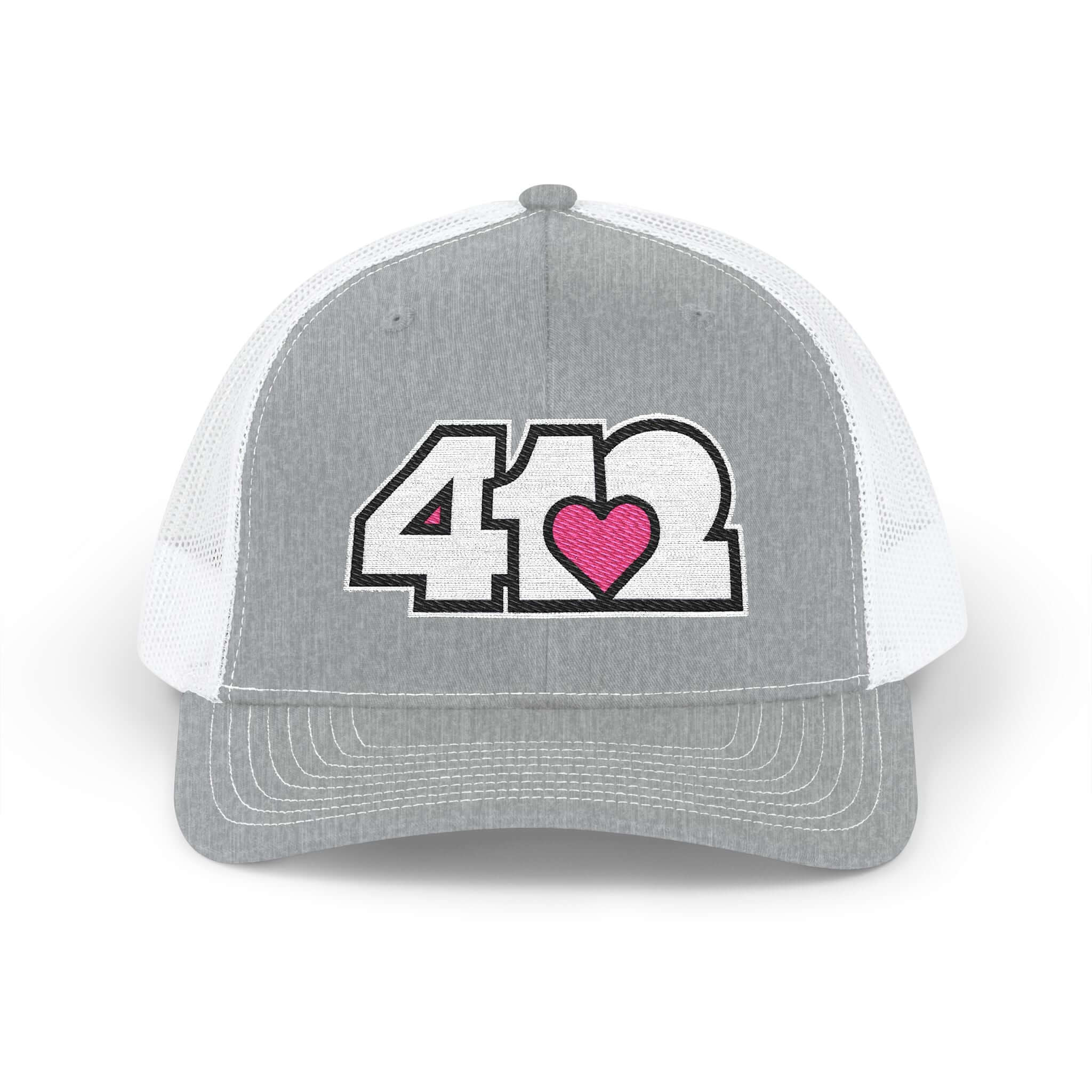 Snapback Hat | Embroidered White and Pink 412 Logo. Apparel Color: Heather Grey/White. A comfy mid-profile adjustable fit for everyday flair