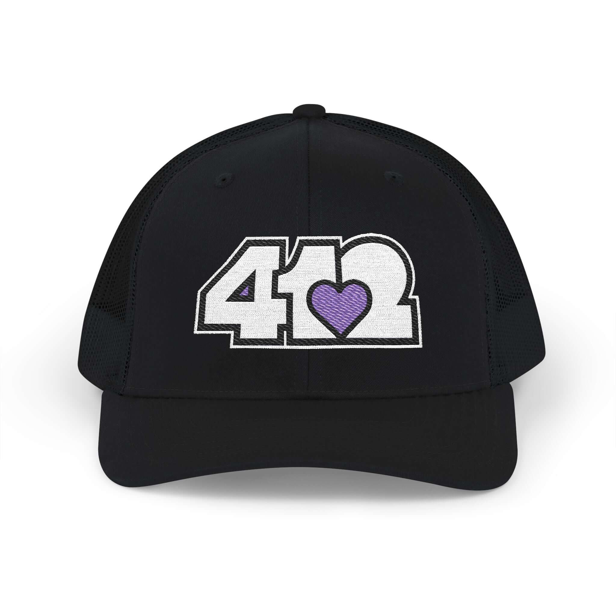 Snapback Hat | Embroidered White and Purple 412 Logo. Apparel Color: Black. A comfy mid-profile adjustable fit for everyday flair