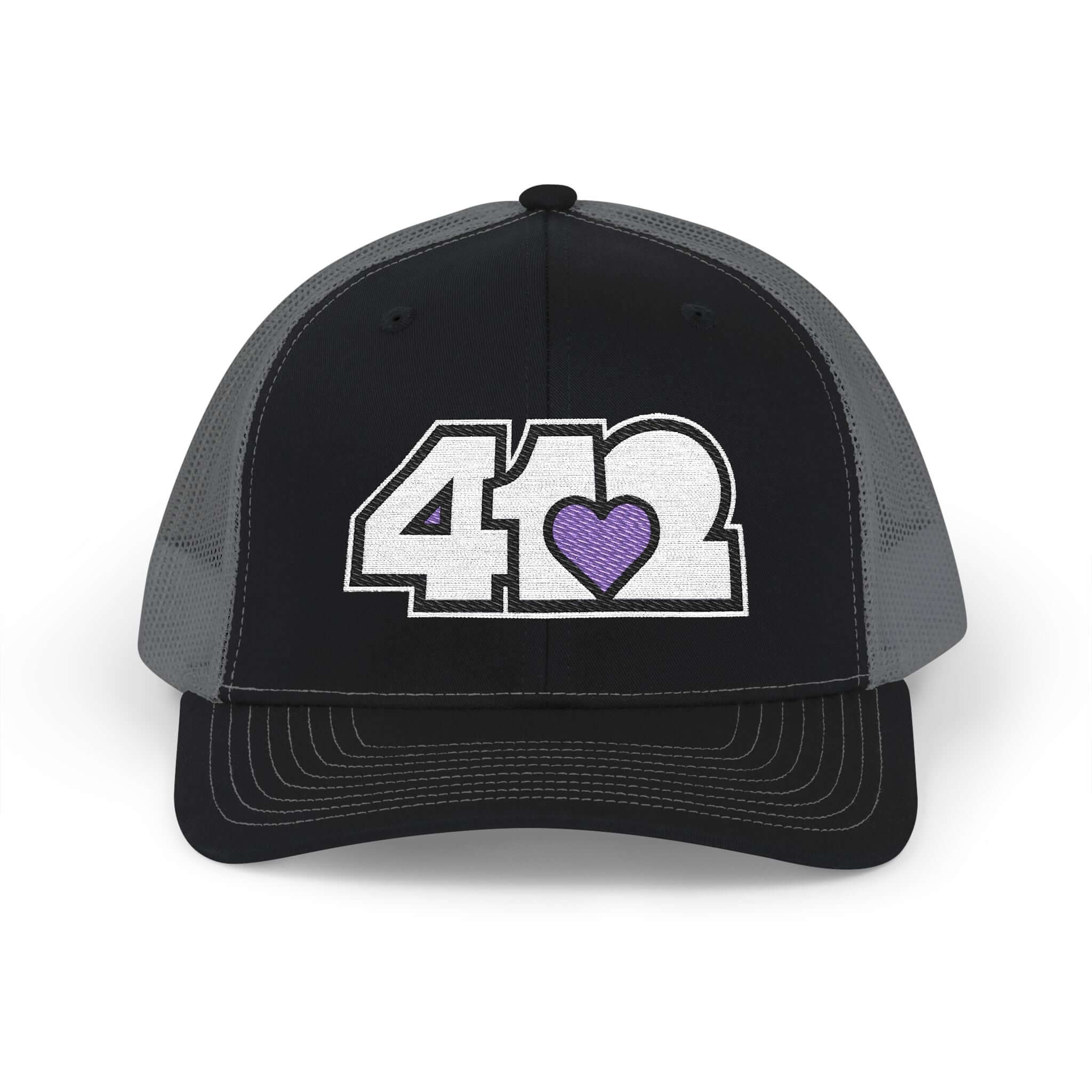 Snapback Hat | Embroidered White and Purple 412 Logo. Apparel Color: Black/Charcoal. A comfy mid-profile adjustable fit for everyday flair