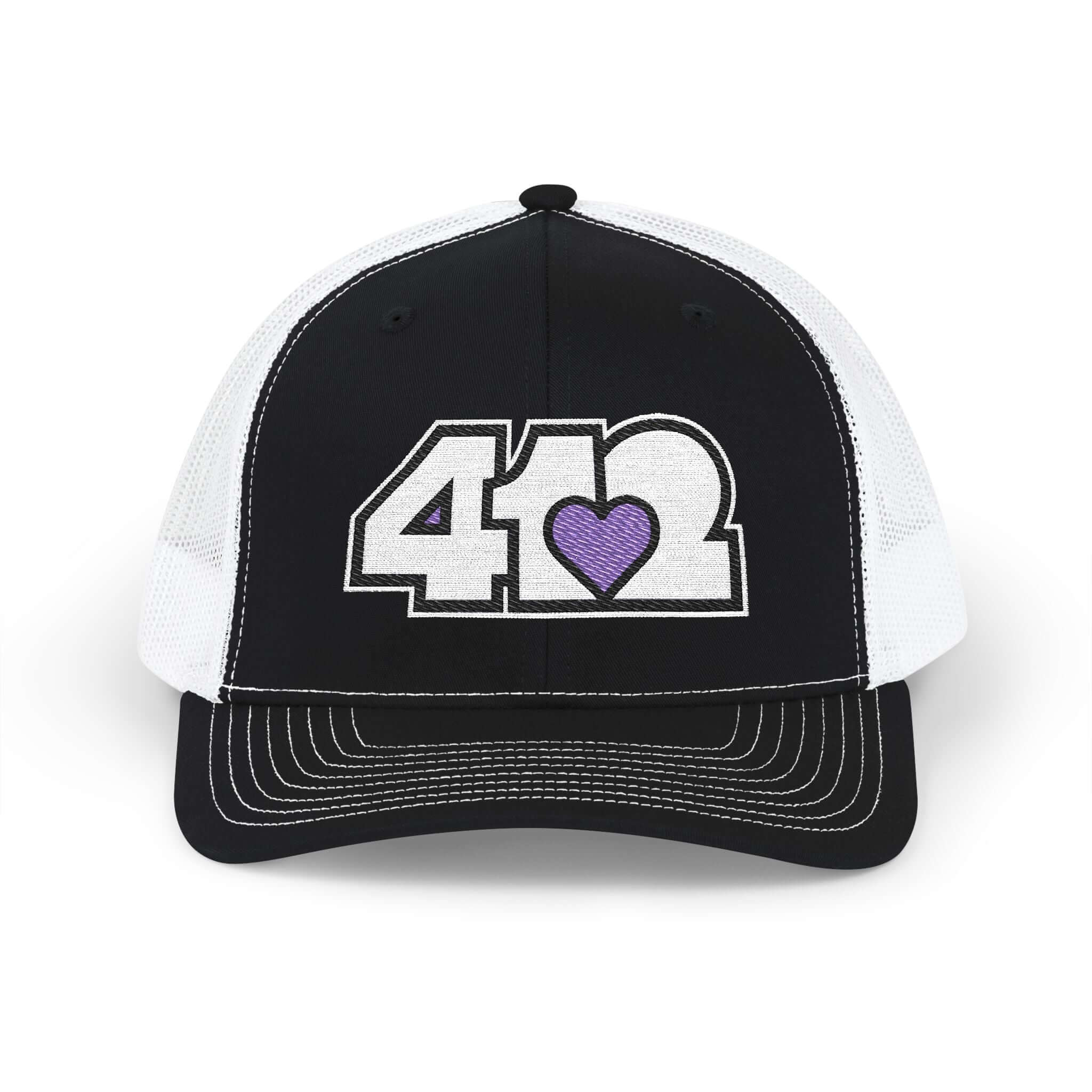 Snapback Hat | Embroidered White and Purple 412 Logo. Apparel Color: Black/White. A comfy mid-profile adjustable fit for everyday flair