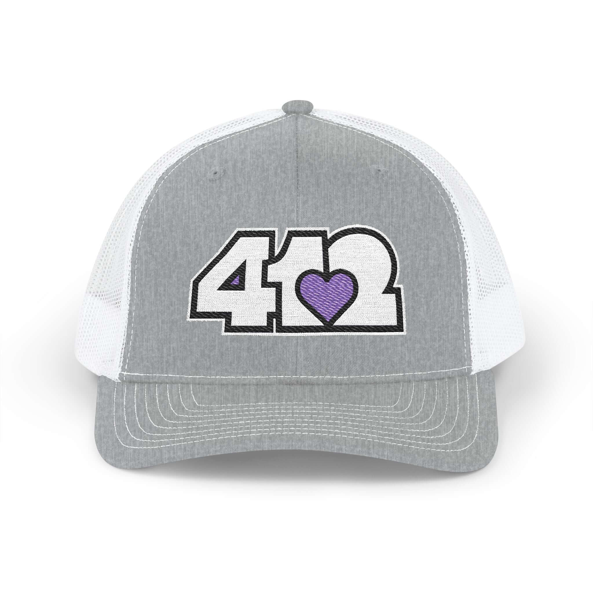 Snapback Hat | Embroidered White and Purple 412 Logo. Apparel Color: Heather Grey/White. A comfy mid-profile adjustable fit for everyday flair