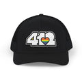 Snapback Hat | Embroidered White and Rainbow 412 Logo. Apparel Color: Black. A comfy mid-profile adjustable fit for everyday flair