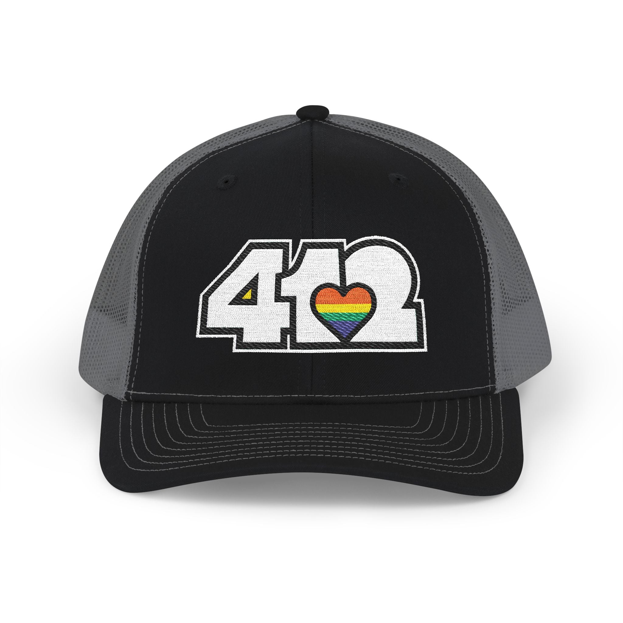 Snapback Hat | Embroidered White and Rainbow 412 Logo. Apparel Color: Black/Charcoal. A comfy mid-profile adjustable fit for everyday flair