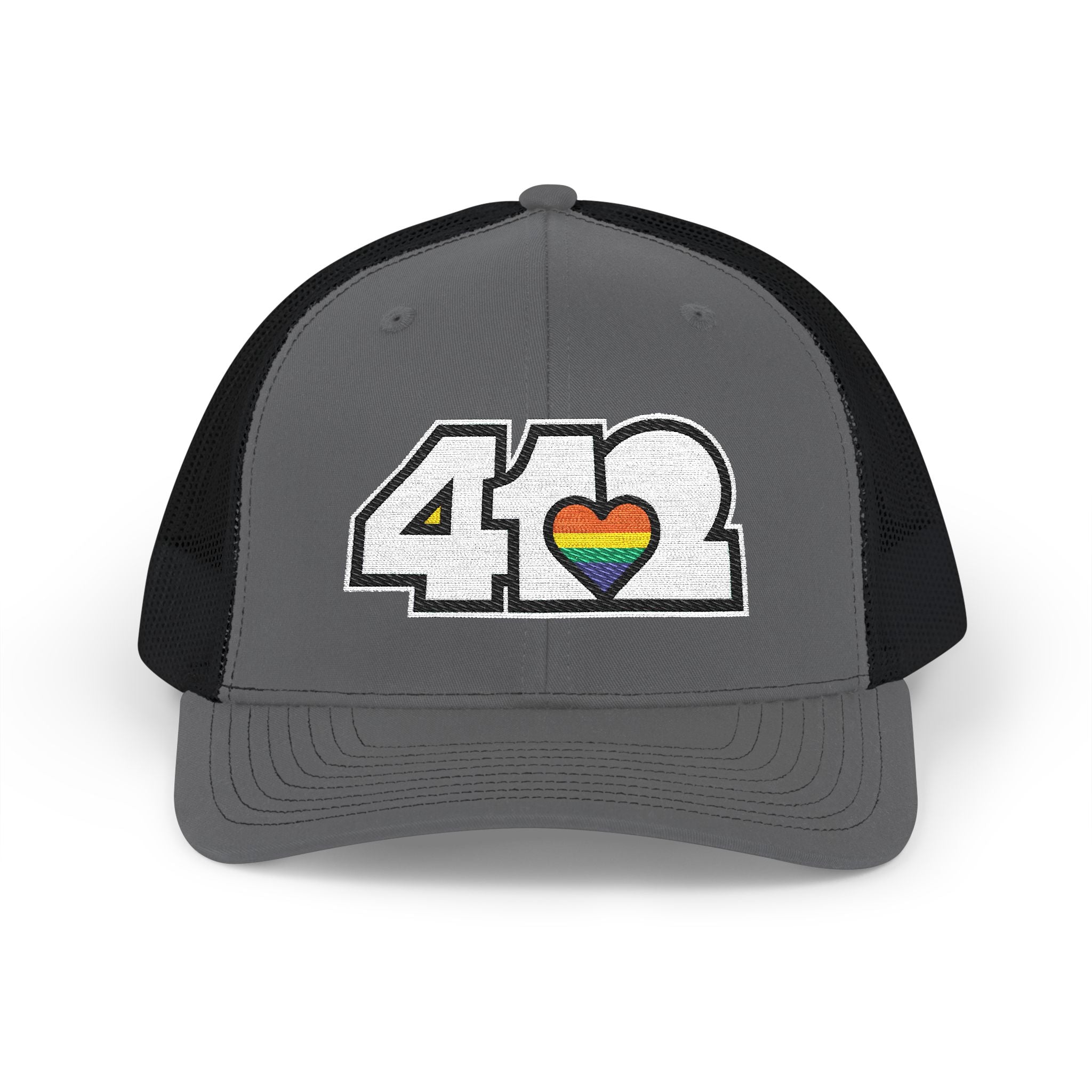 Snapback Hat | Embroidered White and Rainbow 412 Logo. Apparel Color: Charcoal/Black. A comfy mid-profile adjustable fit for everyday flair