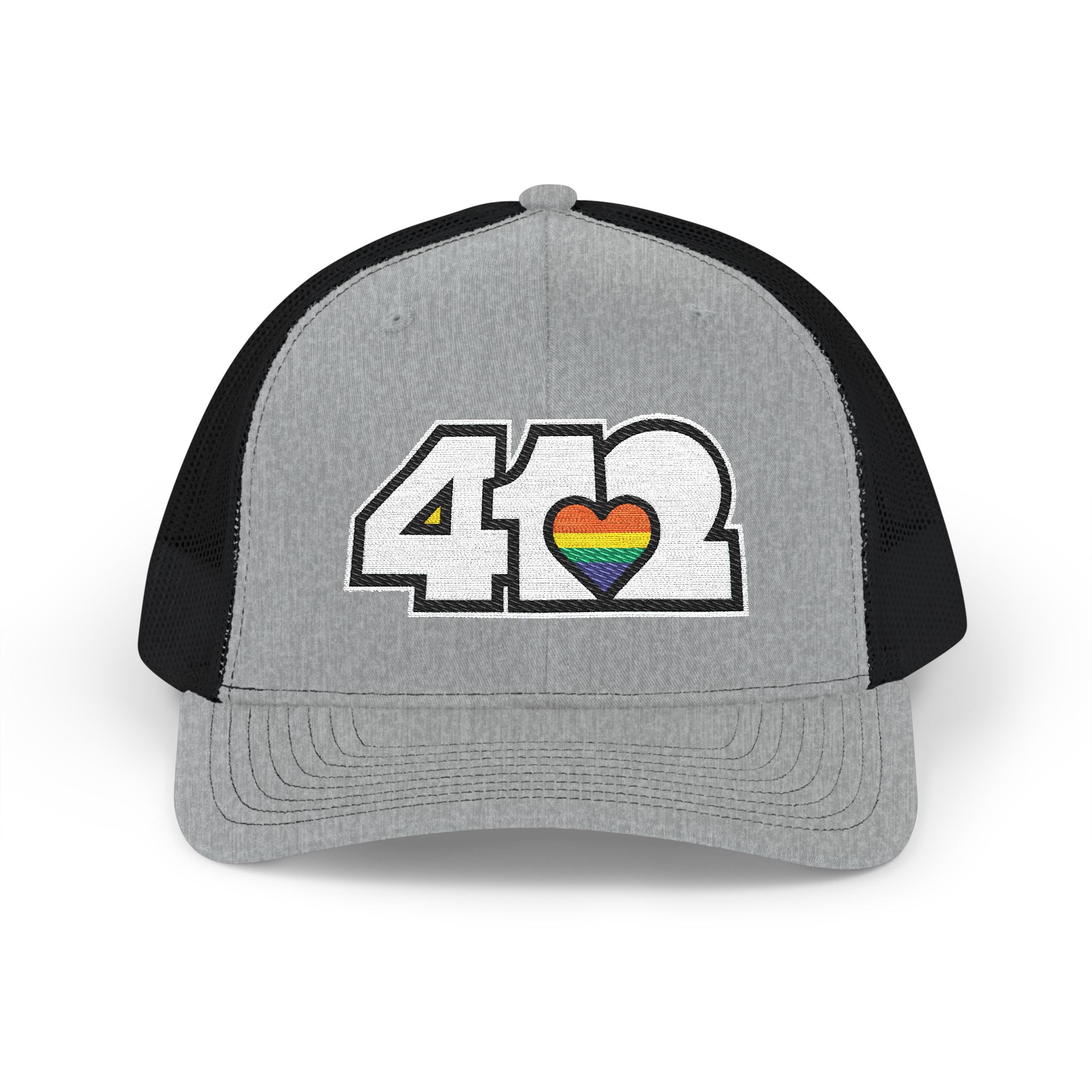 Snapback Hat | Embroidered White and Rainbow 412 Logo. Apparel Color: Heather Grey/Black. A comfy mid-profile adjustable fit for everyday flair