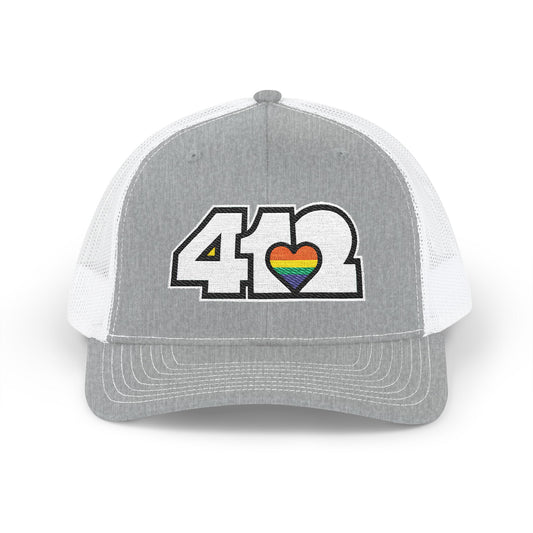 Snapback Hat | Embroidered White and Rainbow 412 Logo. Apparel Color: Heather Grey/White. A comfy mid-profile adjustable fit for everyday flair