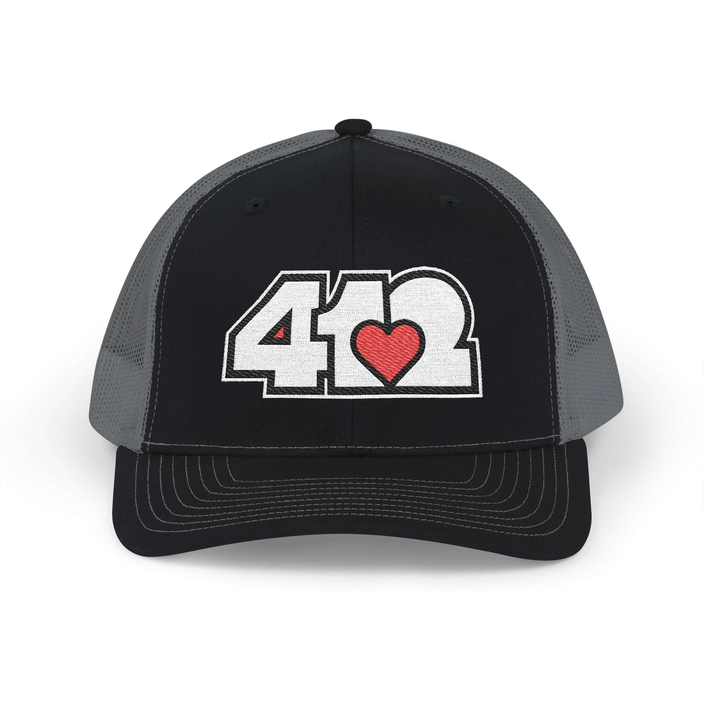 Snapback Hat | Embroidered White and Red 412 Logo. Apparel Color: Black/Charcoal. A comfy mid-profile adjustable fit for everyday flair