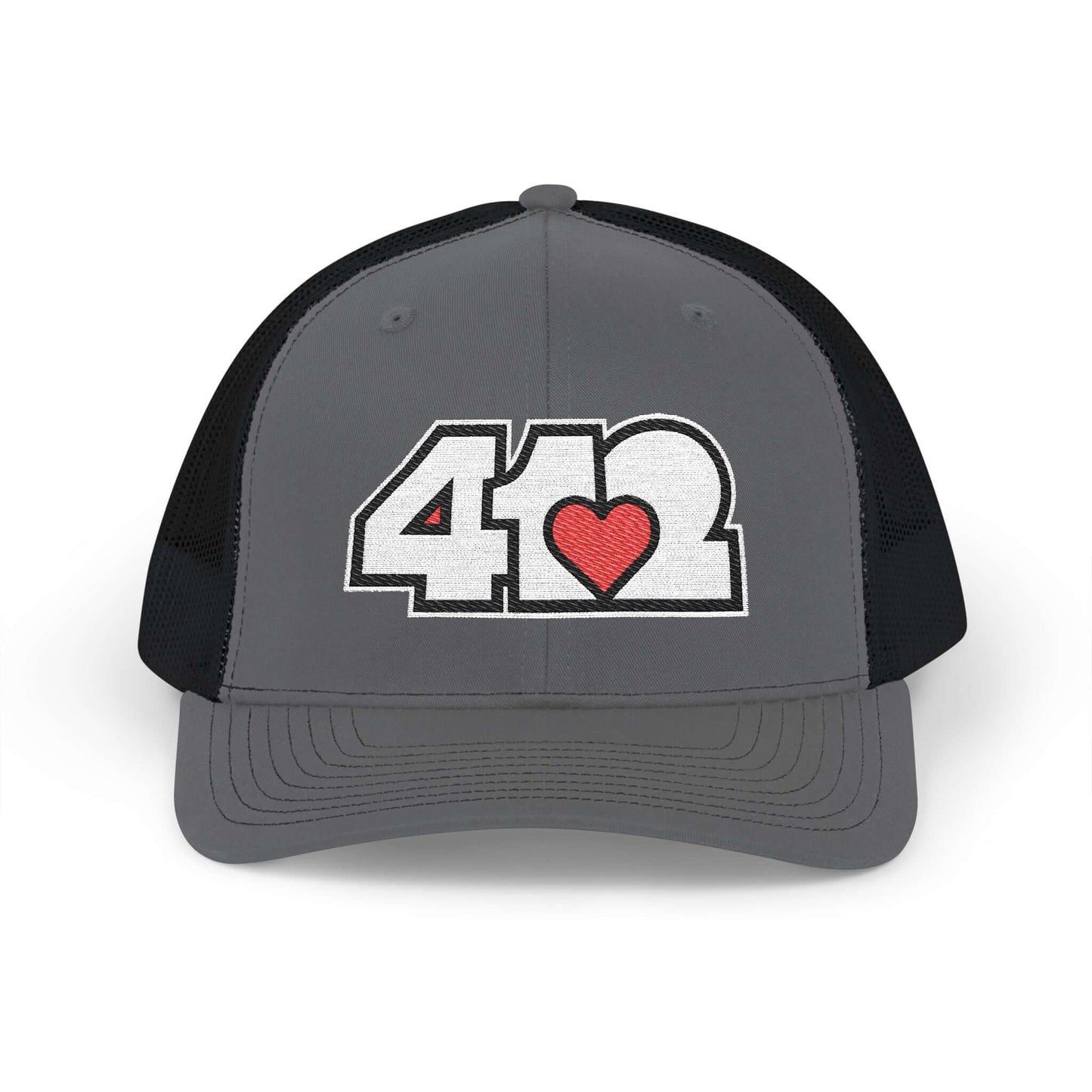 Snapback Hat | Embroidered White and Red 412 Logo. Apparel Color: Charcoal/Black. A comfy mid-profile adjustable fit for everyday flair