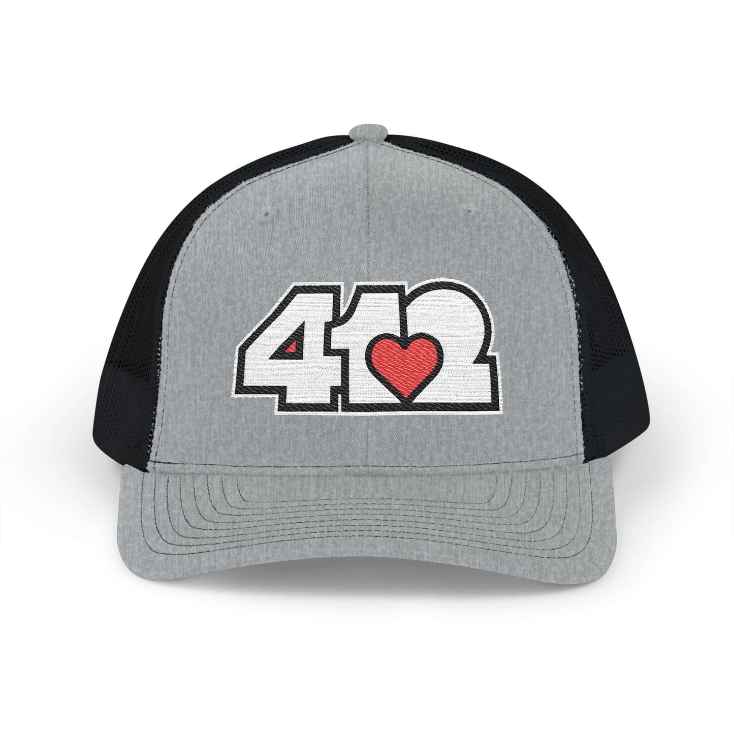 Snapback Hat | Embroidered White and Red 412 Logo. Apparel Color: Heather Grey/Black. A comfy mid-profile adjustable fit for everyday flair