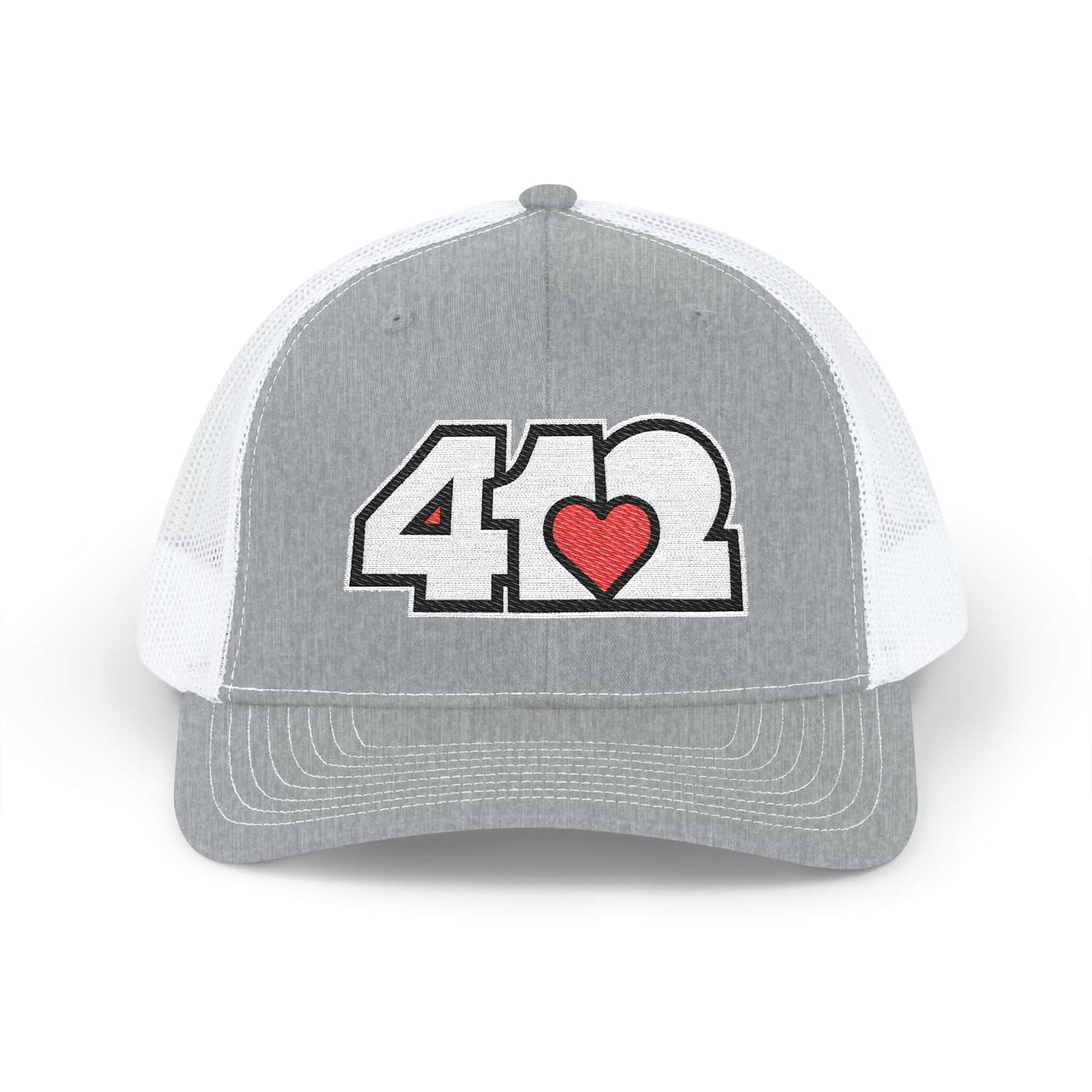 Snapback Hat | Embroidered White and Red 412 Logo. Apparel Color: Heather Grey/White. A comfy mid-profile adjustable fit for everyday flair