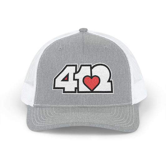 Snapback Hat | Embroidered White and Red 412 Logo. Apparel Color: Heather Grey/White. A comfy mid-profile adjustable fit for everyday flair