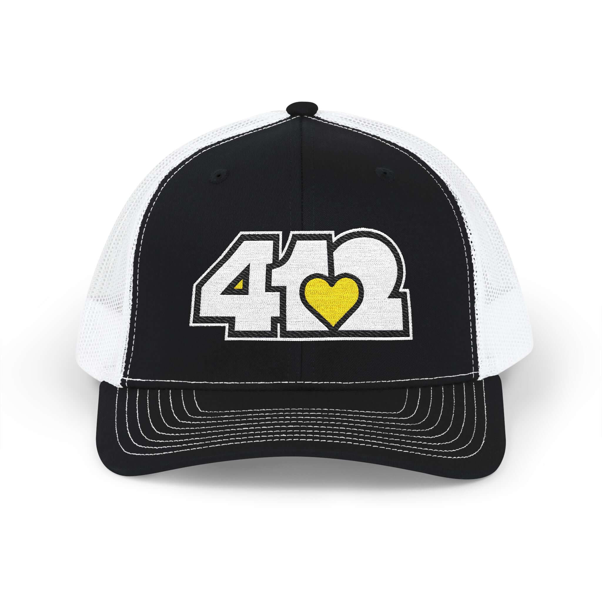 Snapback Hat | Embroidered White and Yellow 412 Logo. Apparel Color: Black/White. A comfy mid-profile adjustable fit for everyday flair
