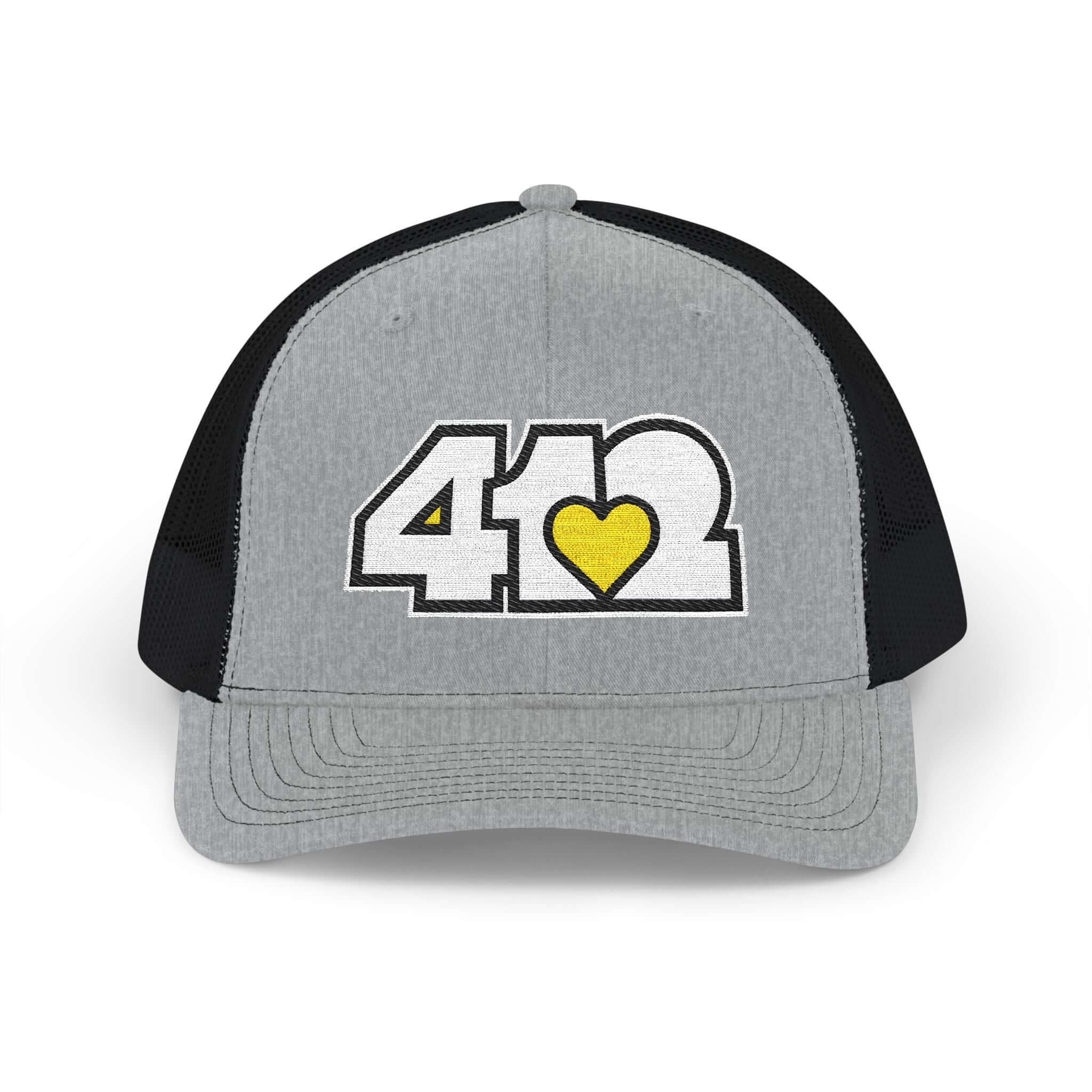 Snapback Hat | Embroidered White and Yellow 412 Logo. Apparel Color: Heather Grey/Black. A comfy mid-profile adjustable fit for everyday flair