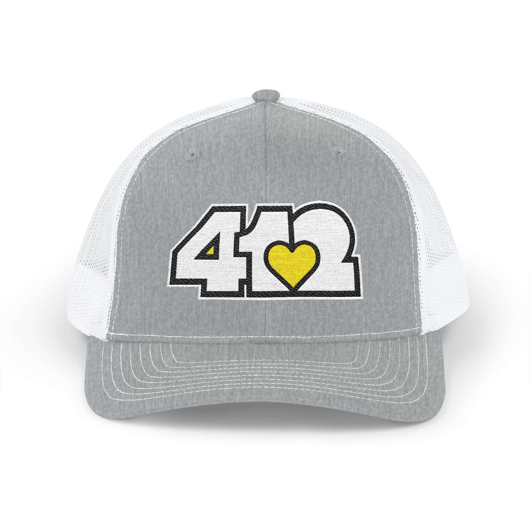 Snapback Hat | Embroidered White and Yellow 412 Logo. Apparel Color: Heather Grey/White. A comfy mid-profile adjustable fit for everyday flair