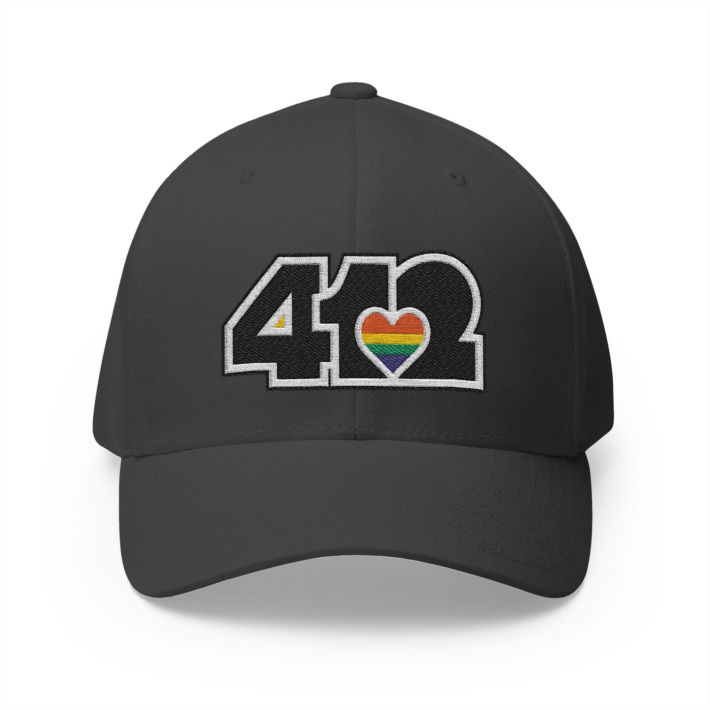 Stretch Fit Hat | Embroidered Black Rainbow 412 Logo. Apparel Color: Dark Grey. The sleek design, featuring a mid-profile silhouette, and a curved visor.